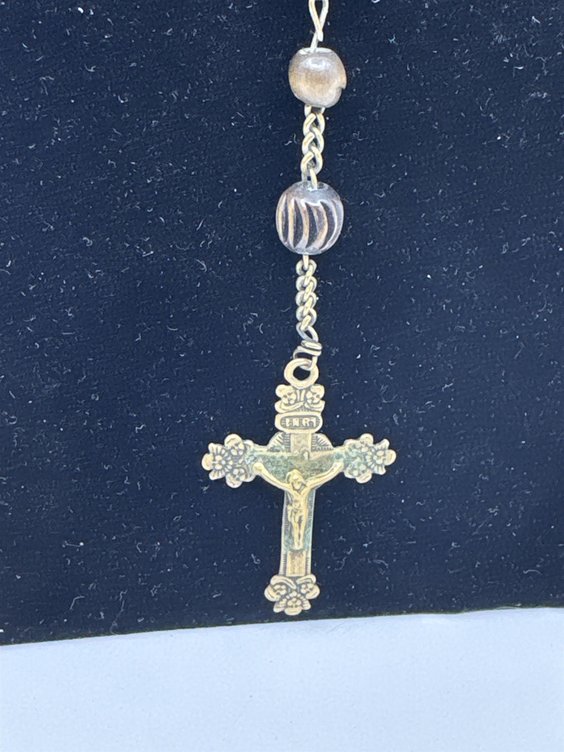 Vintage INRI Brown Wood Beaded Rosary Cross Back Message Pendant Catholic Rosary