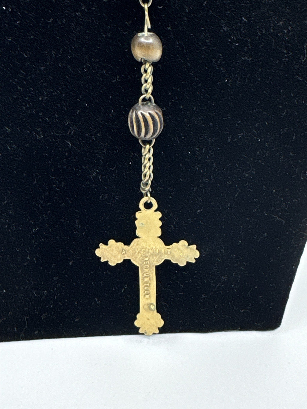Vintage INRI Brown Wood Beaded Rosary Cross Back Message Pendant Catholic Rosary