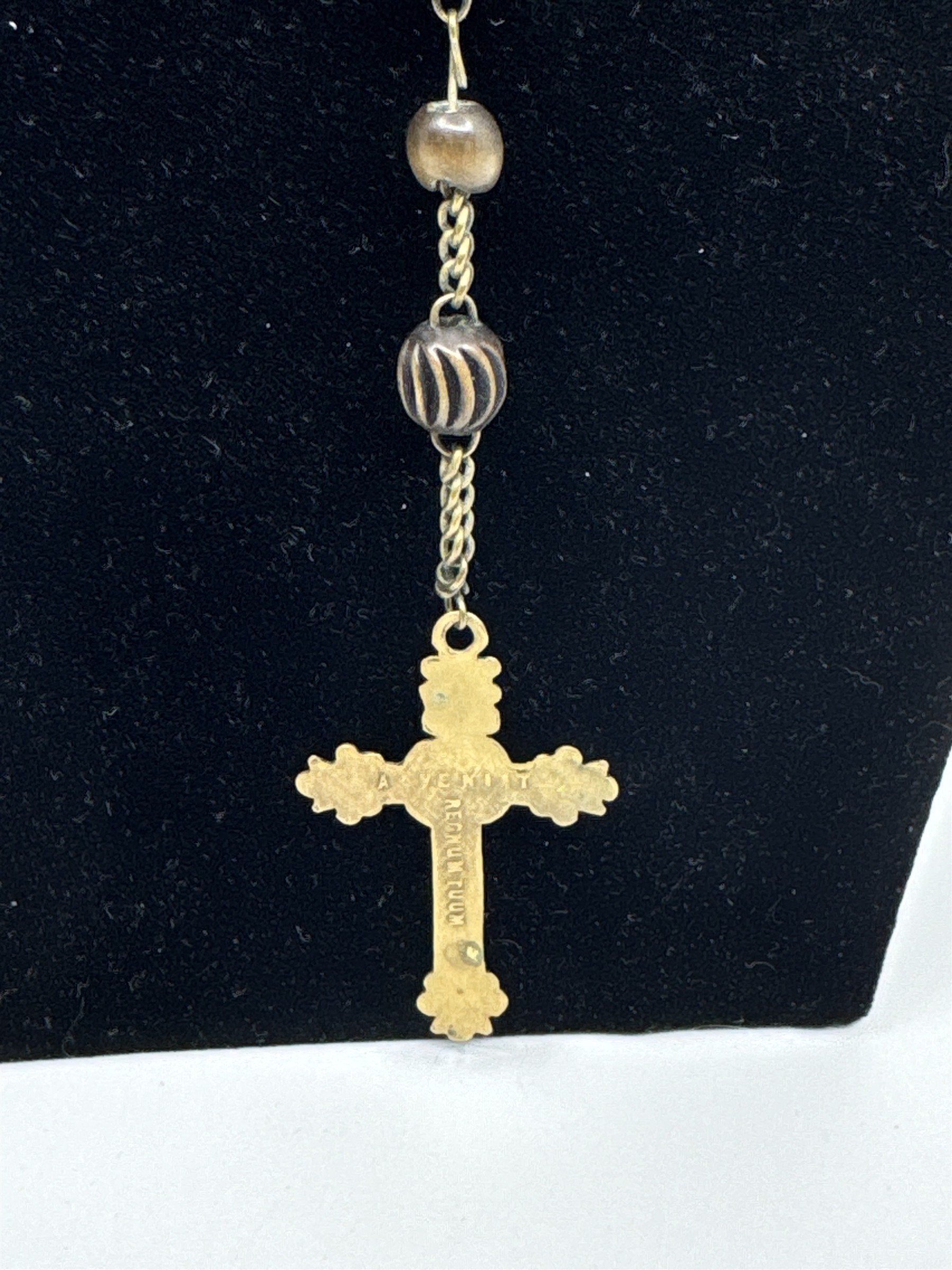 Vintage INRI Brown Wood Beaded Rosary Cross Back Message Pendant Catholic Rosary