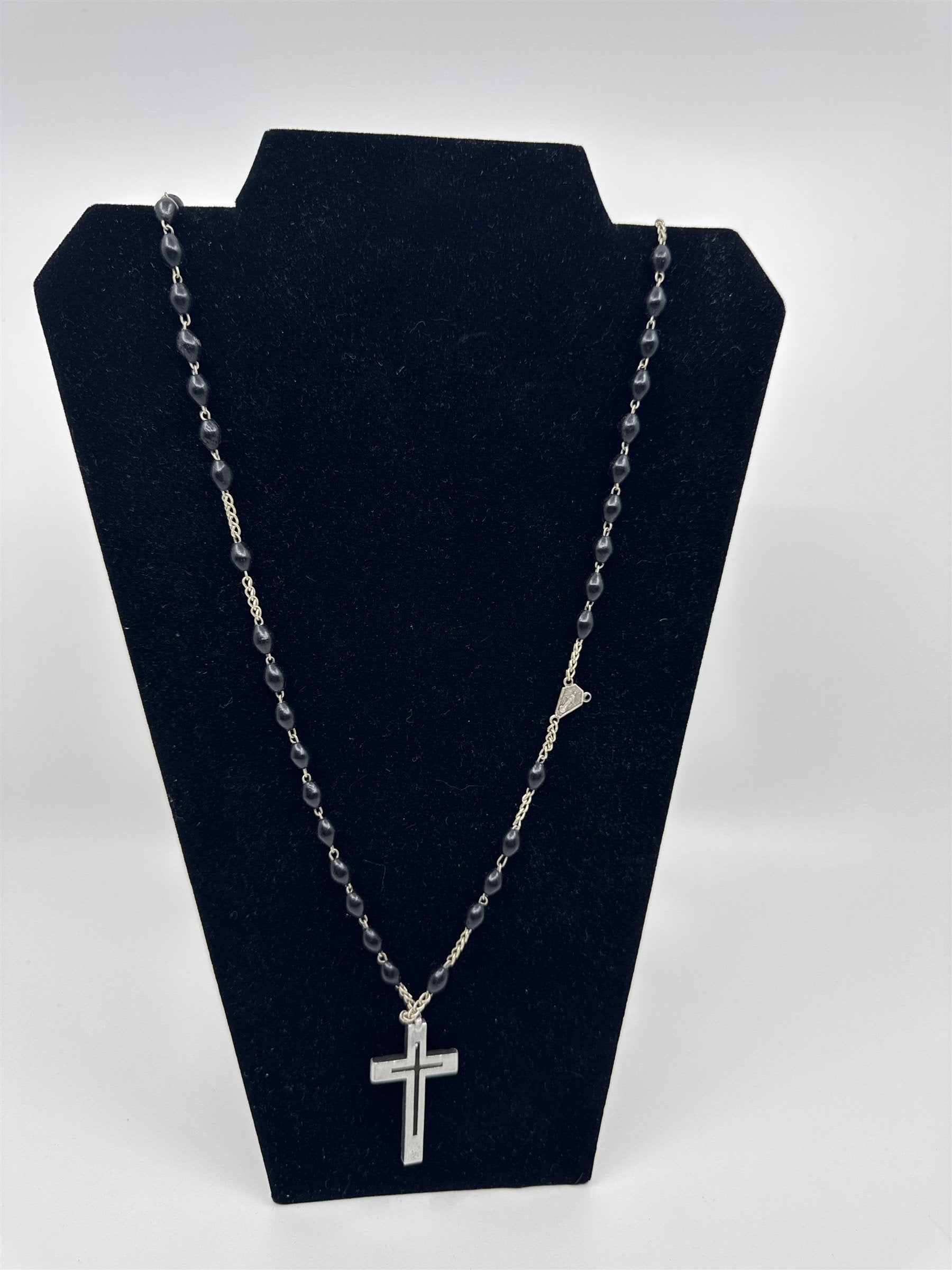 Vintage Catholic Rosary Made in Italy Black Wood Cross /w Black Beads *Broken*
