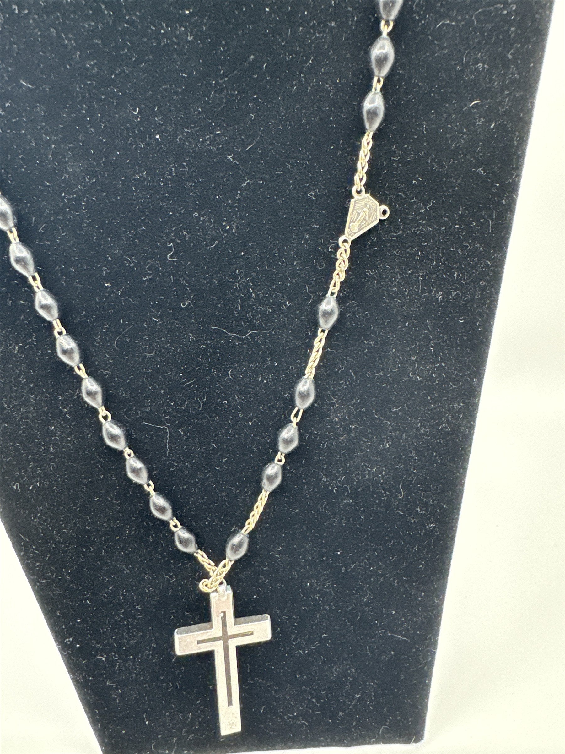 Vintage Catholic Rosary Made in Italy Black Wood Cross /w Black Beads *Broken*