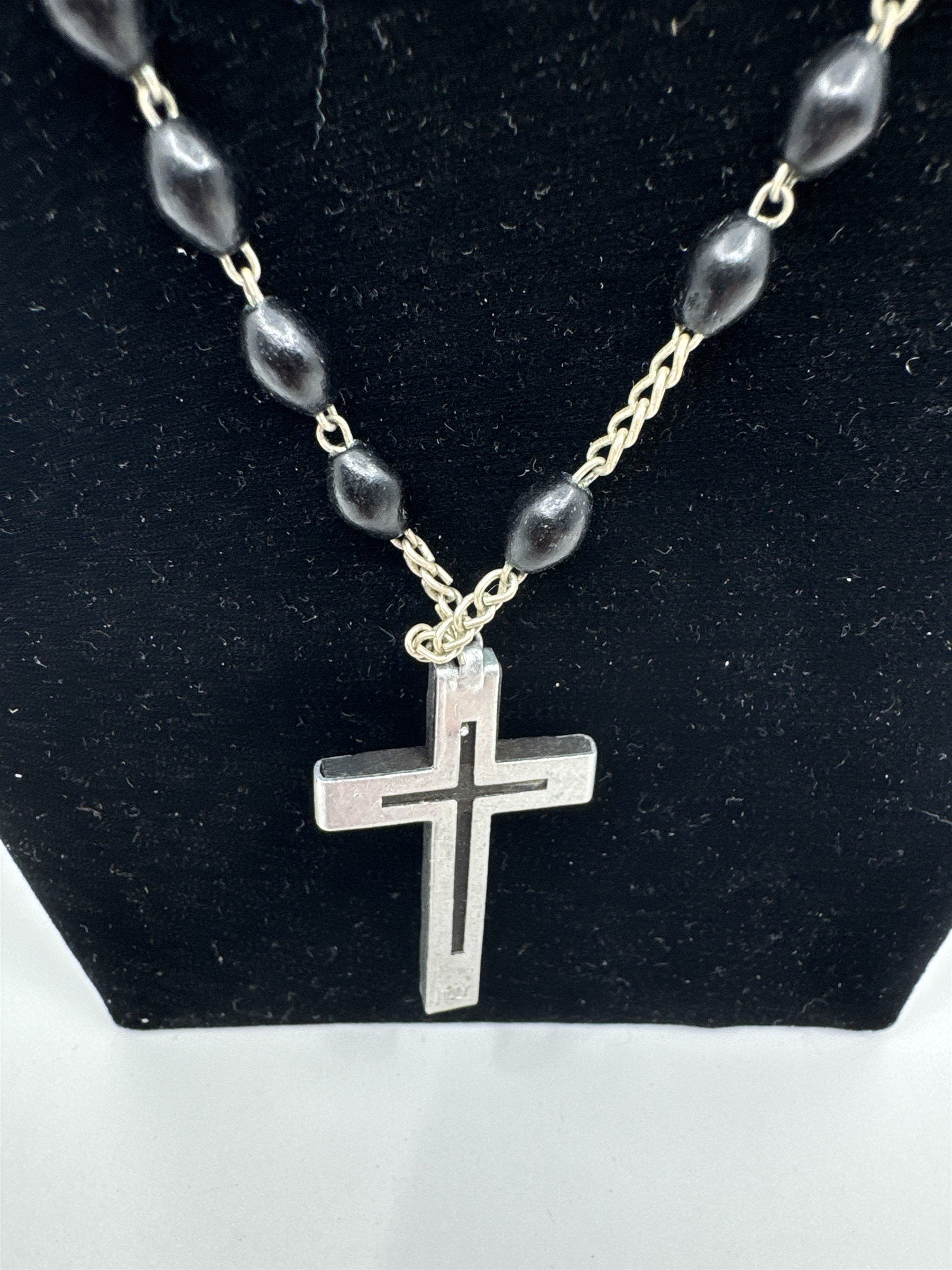 Vintage Catholic Rosary Made in Italy Black Wood Cross /w Black Beads *Broken*