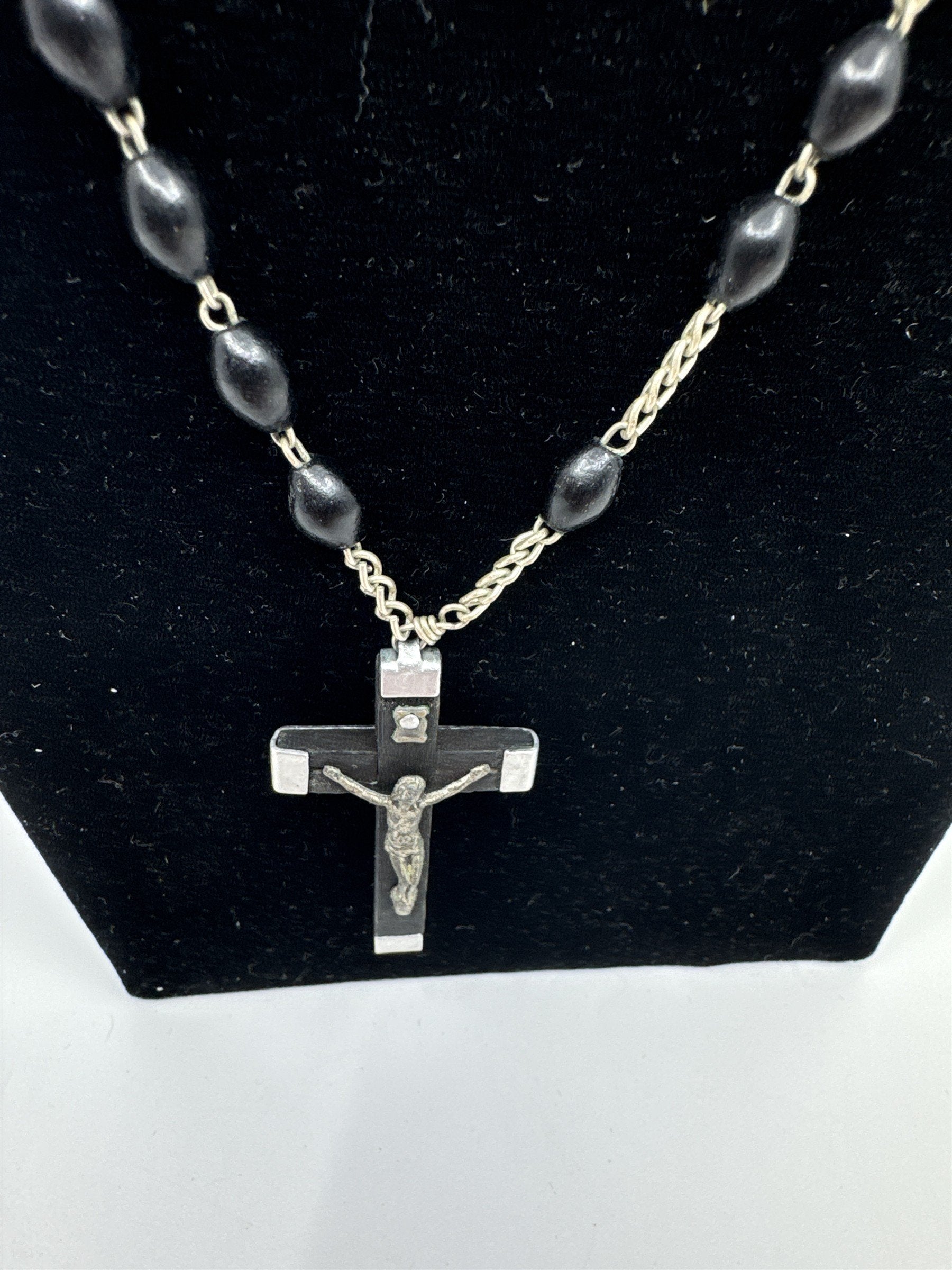 Vintage Catholic Rosary Made in Italy Black Wood Cross /w Black Beads *Broken*