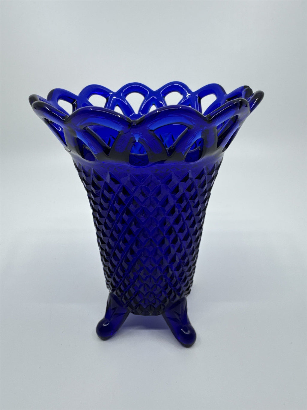 Vintage Cobalt Blue Imperial Glass Diamond Lace Edge Glass Vase Flower Vase
