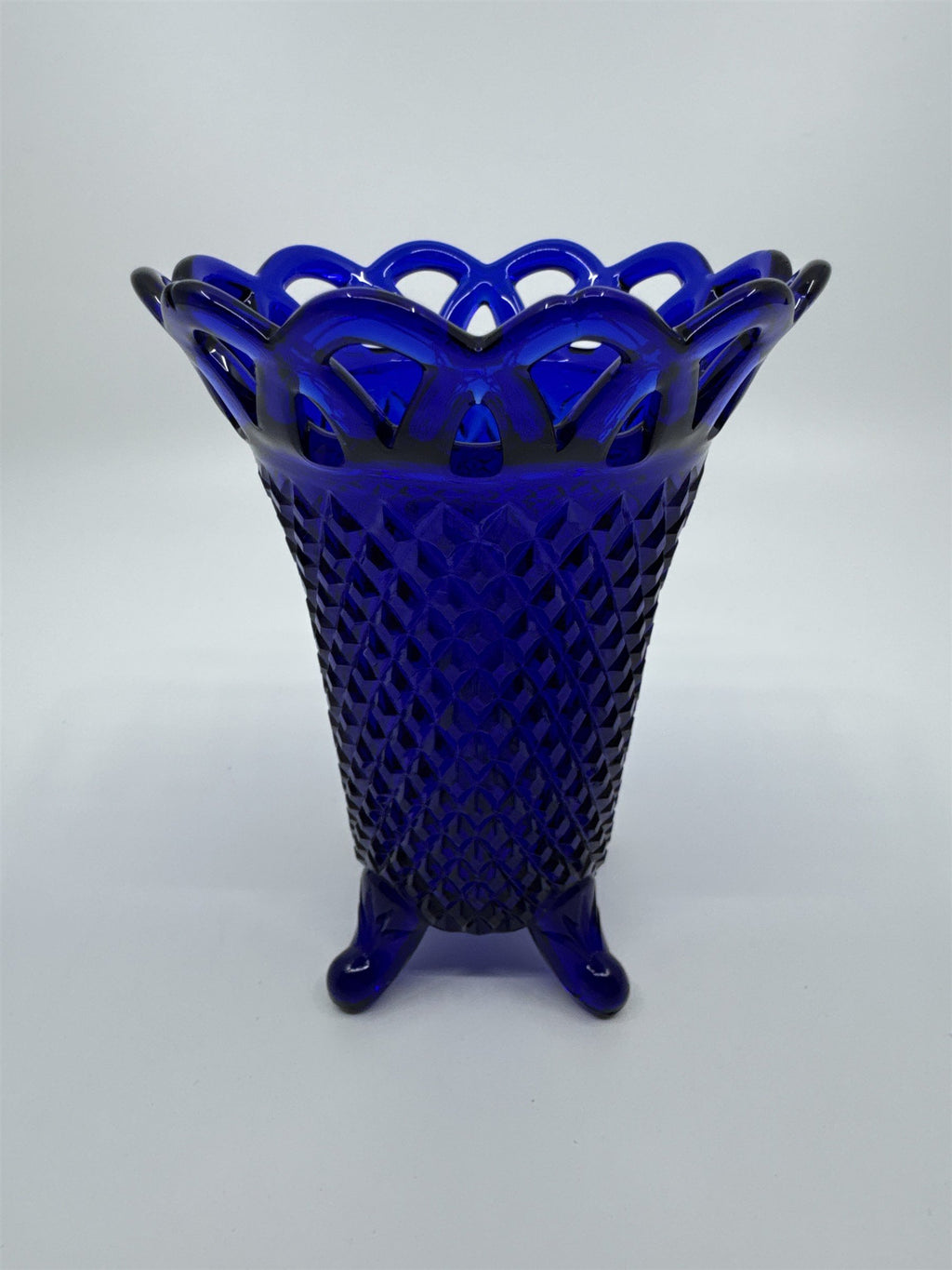 Vintage Cobalt Blue Imperial Glass Diamond Lace Edge Glass Vase Flower Vase