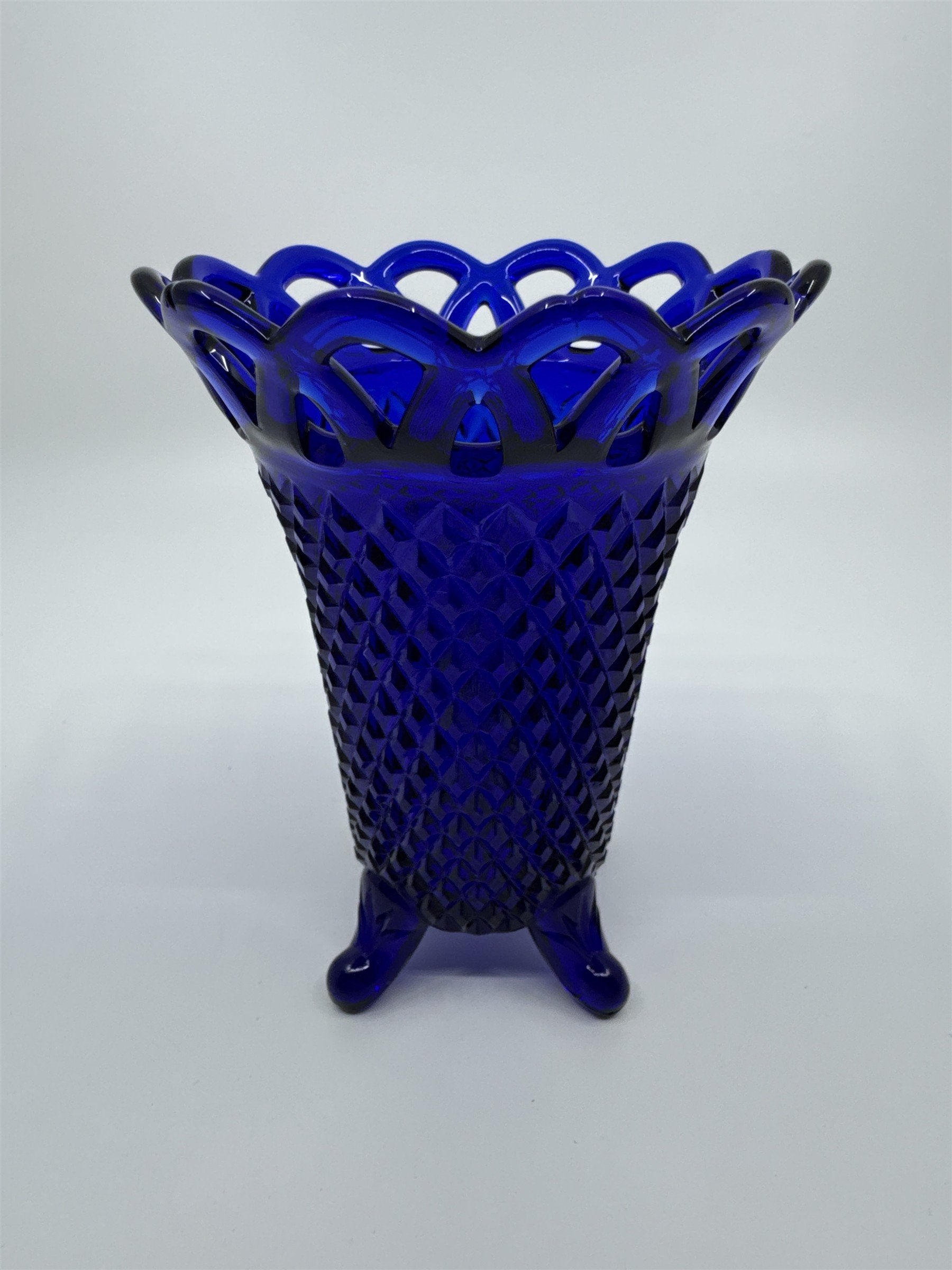 Vintage Cobalt Blue Imperial Glass Diamond Lace Edge Glass Vase Flower Vase