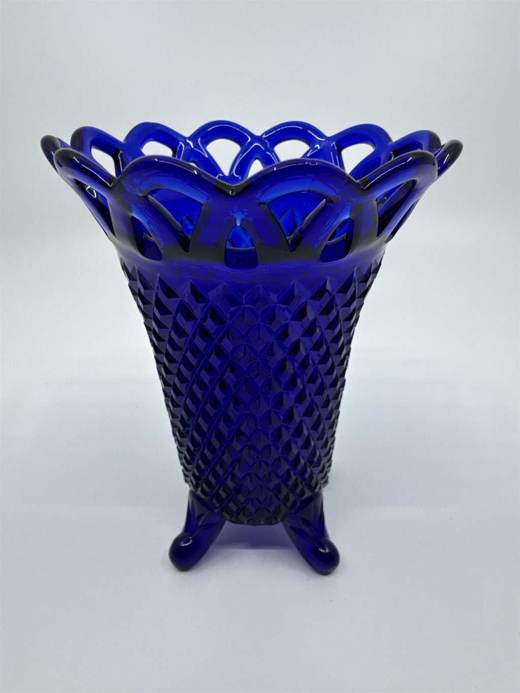 Vintage Cobalt Blue Imperial Glass Diamond Lace Edge Glass Vase Flower Vase