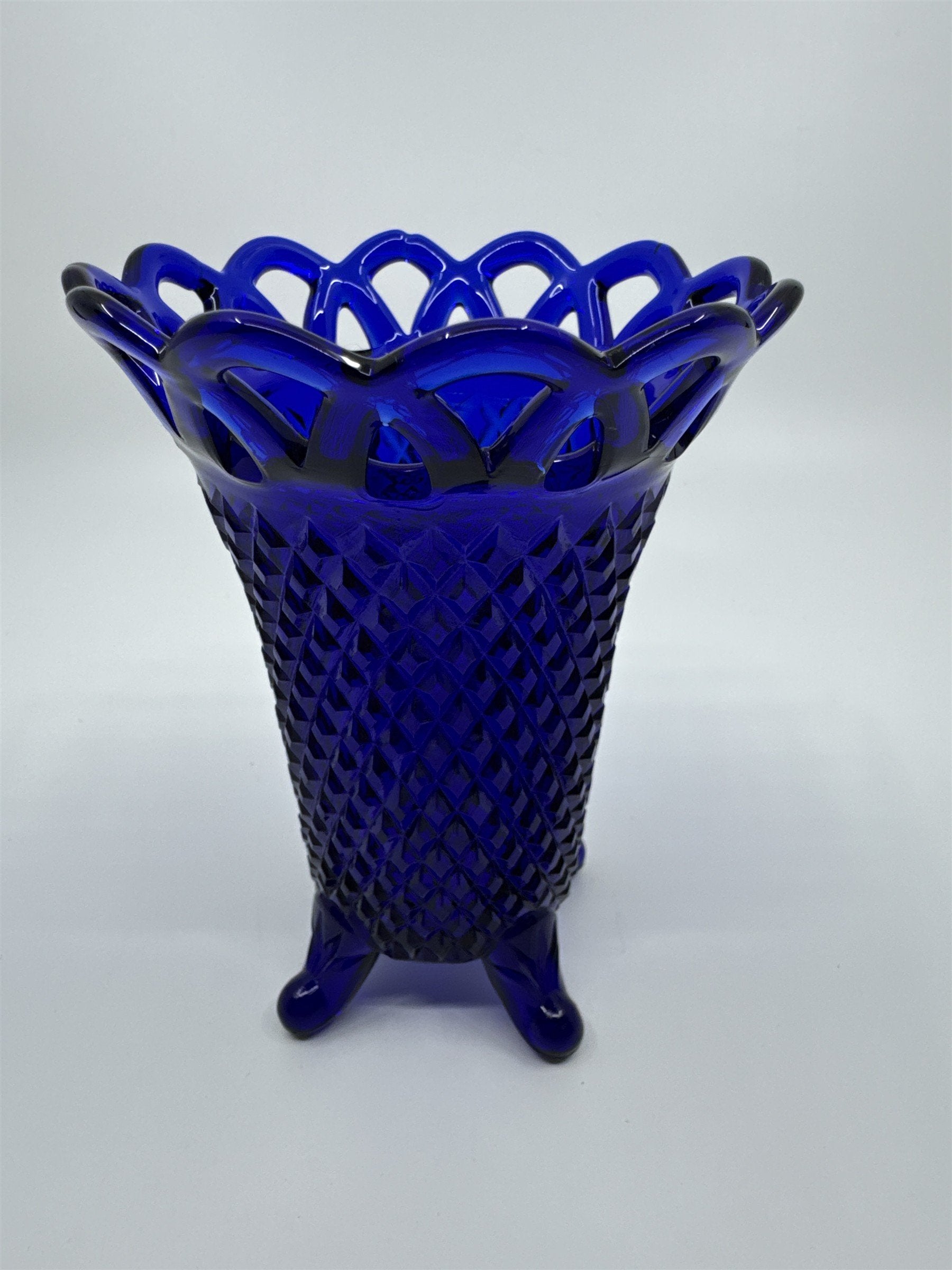 Vintage Cobalt Blue Imperial Glass Diamond Lace Edge Glass Vase Flower Vase