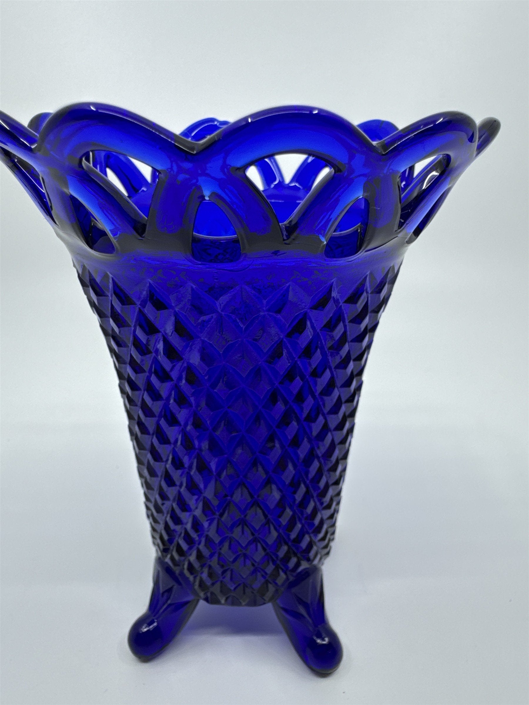 Vintage Cobalt Blue Imperial Glass Diamond Lace Edge Glass Vase Flower Vase