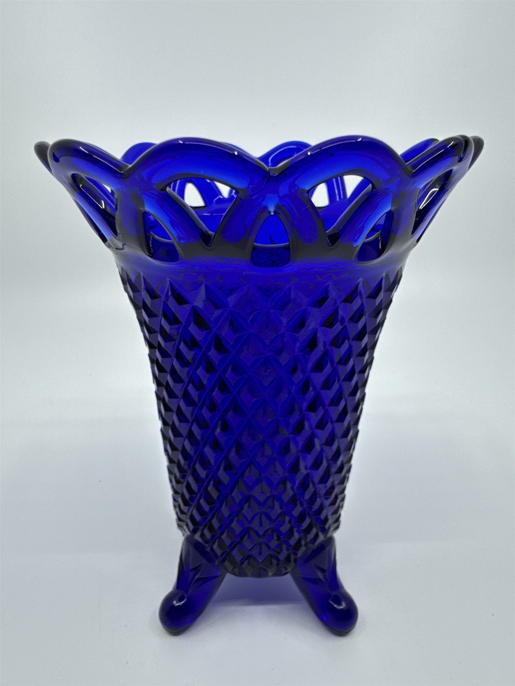Vintage Cobalt Blue Imperial Glass Diamond Lace Edge Glass Vase Flower Vase