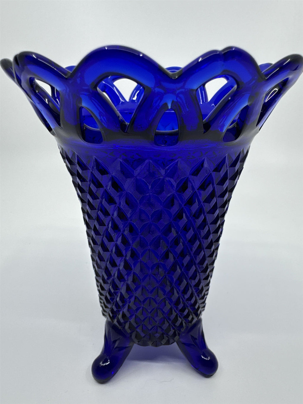 Vintage Cobalt Blue Imperial Glass Diamond Lace Edge Glass Vase Flower Vase