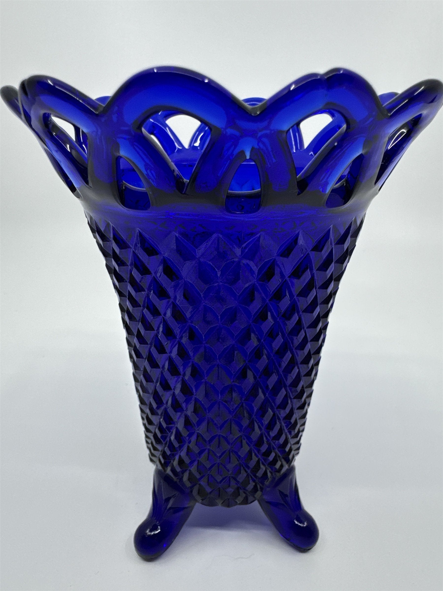 Vintage Cobalt Blue Imperial Glass Diamond Lace Edge Glass Vase Flower Vase