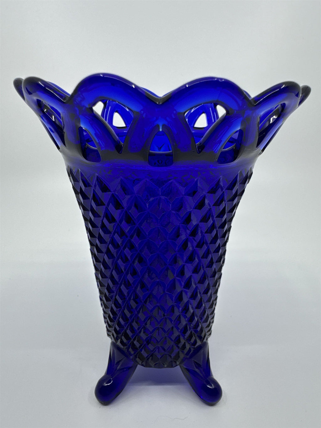 Vintage Cobalt Blue Imperial Glass Diamond Lace Edge Glass Vase Flower Vase