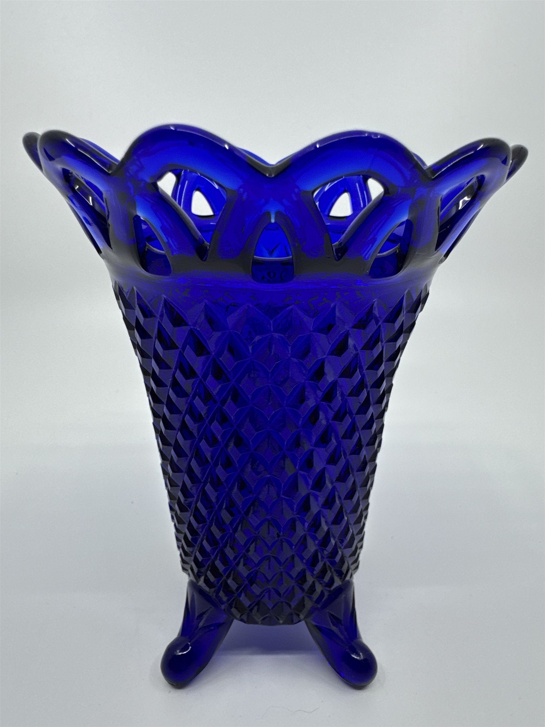 Vintage Cobalt Blue Imperial Glass Diamond Lace Edge Glass Vase Flower Vase