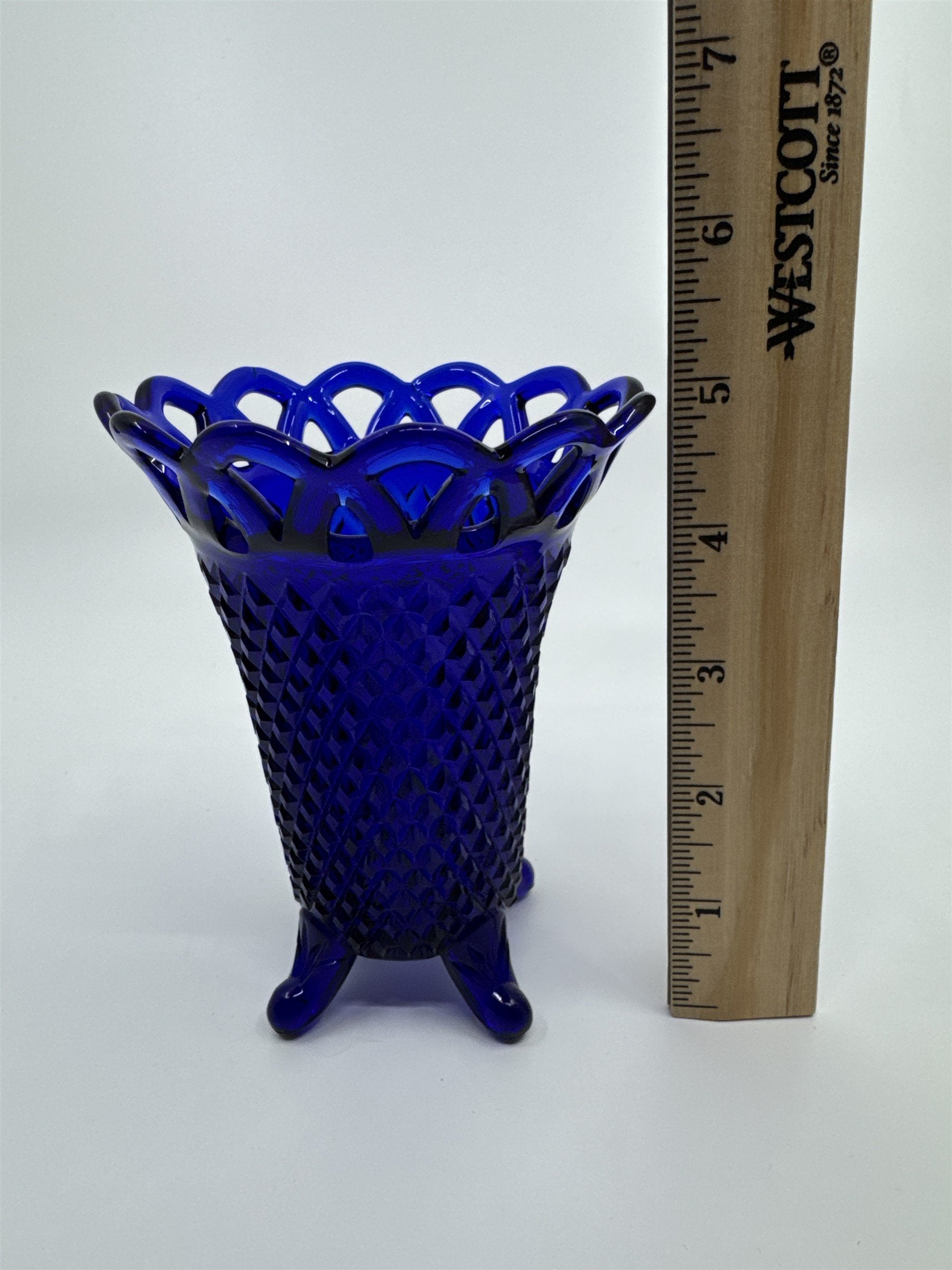 Vintage Cobalt Blue Imperial Glass Diamond Lace Edge Glass Vase Flower Vase