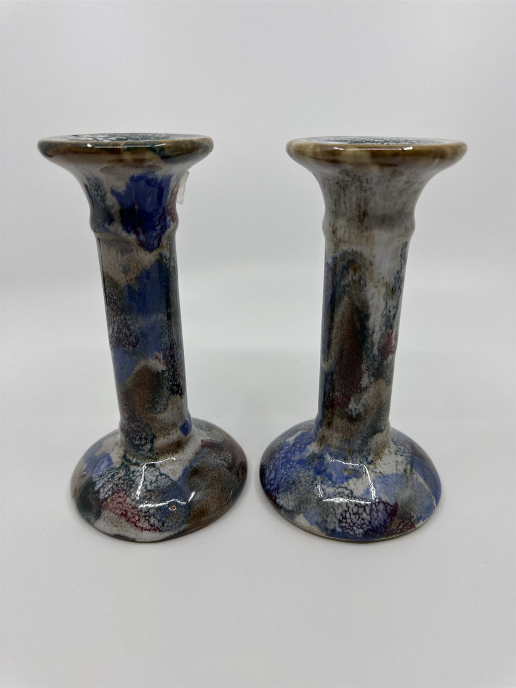 Set of Two 6" Blue and Grey Marble Candlestick Holders from Hermitage Pottery