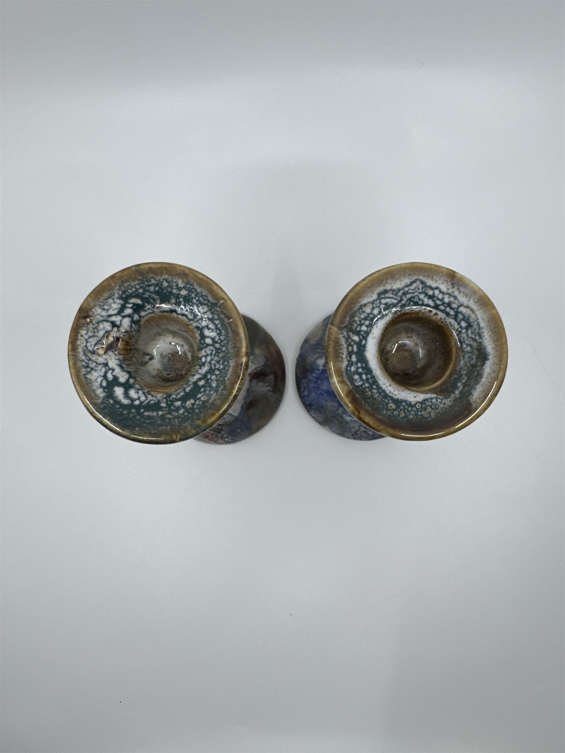 Set of Two 6" Blue and Grey Marble Candlestick Holders from Hermitage Pottery