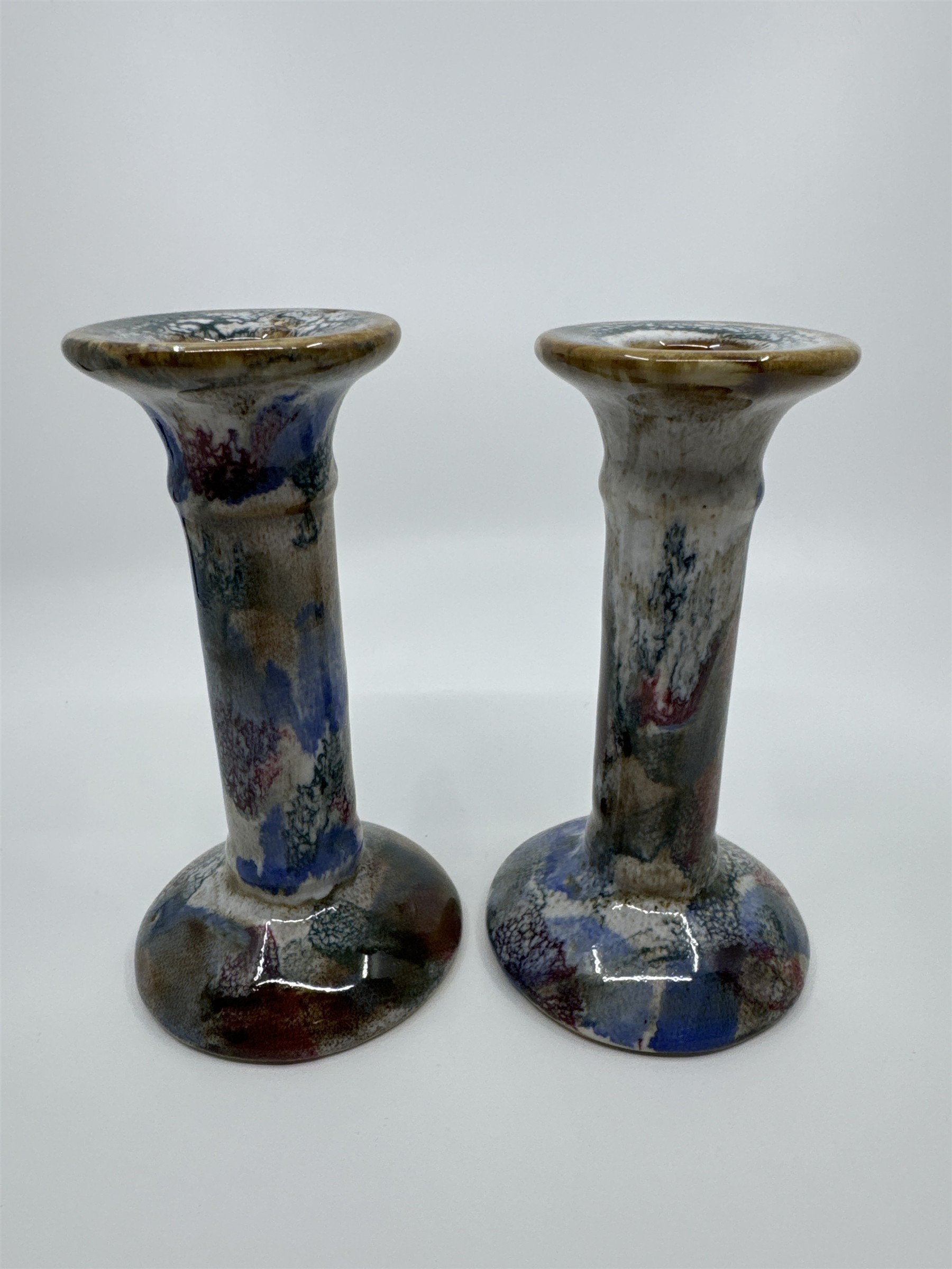 Set of Two 6" Blue and Grey Marble Candlestick Holders from Hermitage Pottery