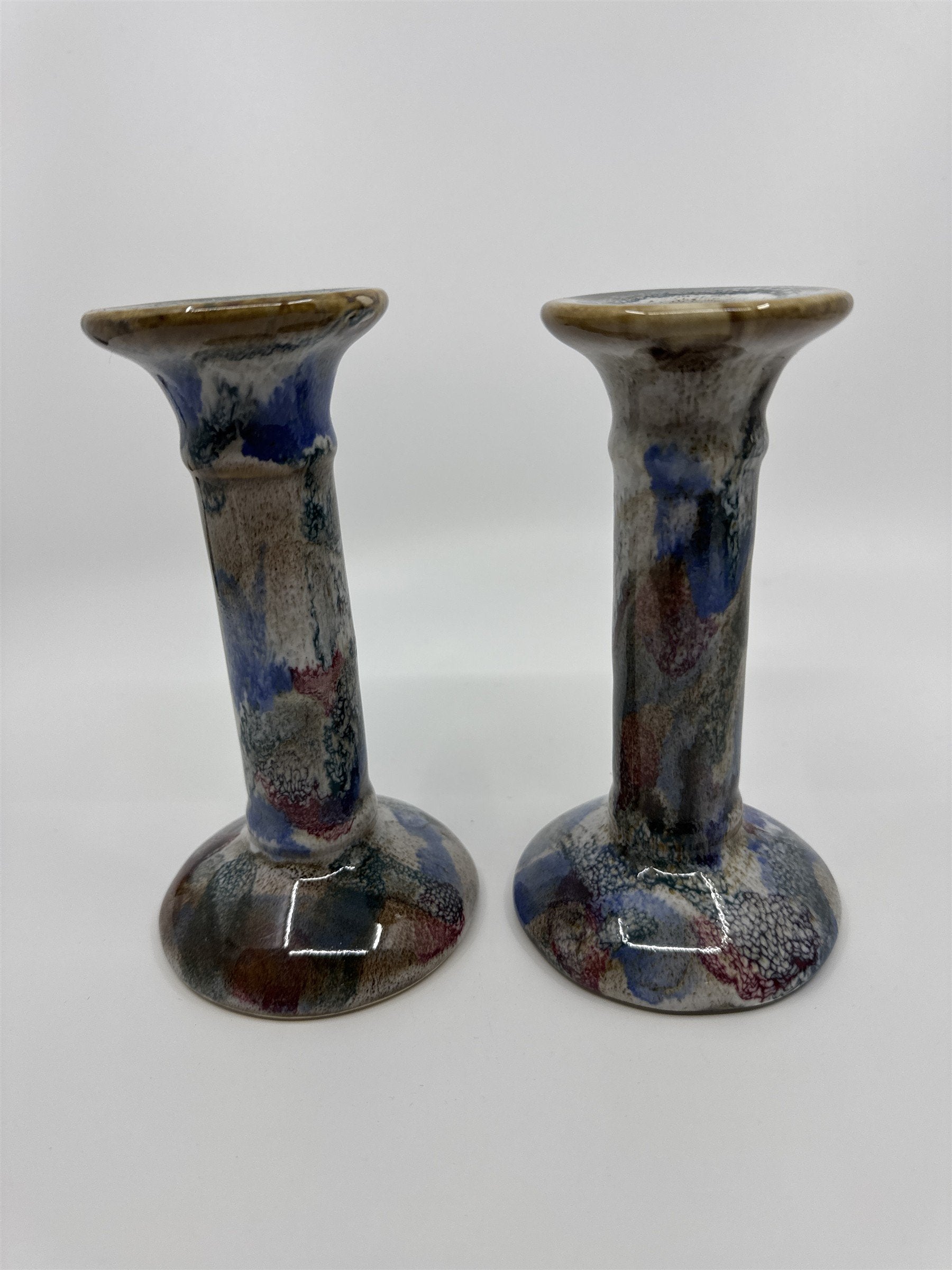 Set of Two 6" Blue and Grey Marble Candlestick Holders from Hermitage Pottery