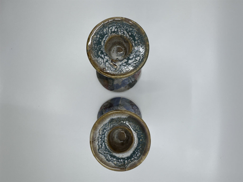Set of Two 6" Blue and Grey Marble Candlestick Holders from Hermitage Pottery