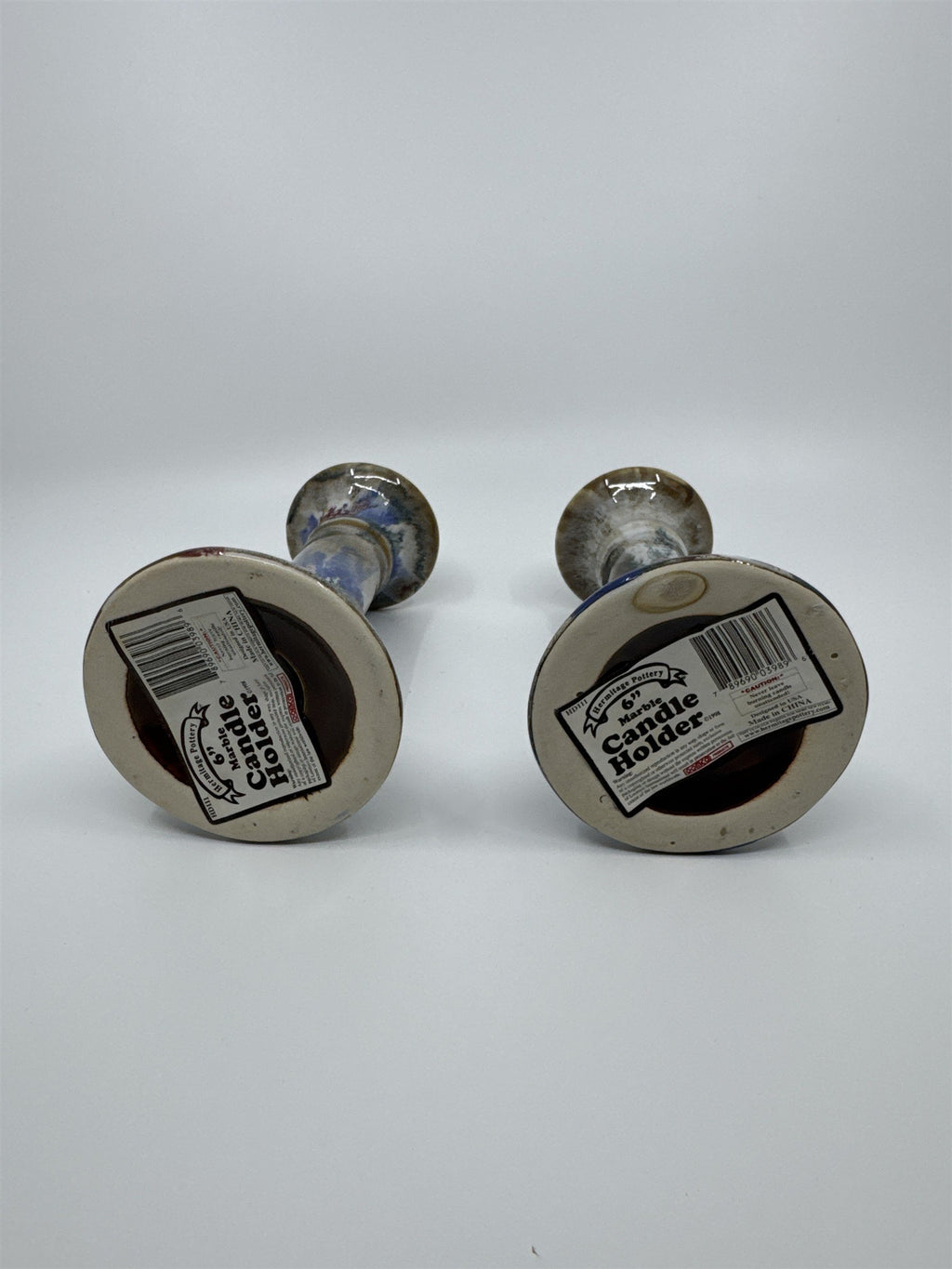 Set of Two 6" Blue and Grey Marble Candlestick Holders from Hermitage Pottery