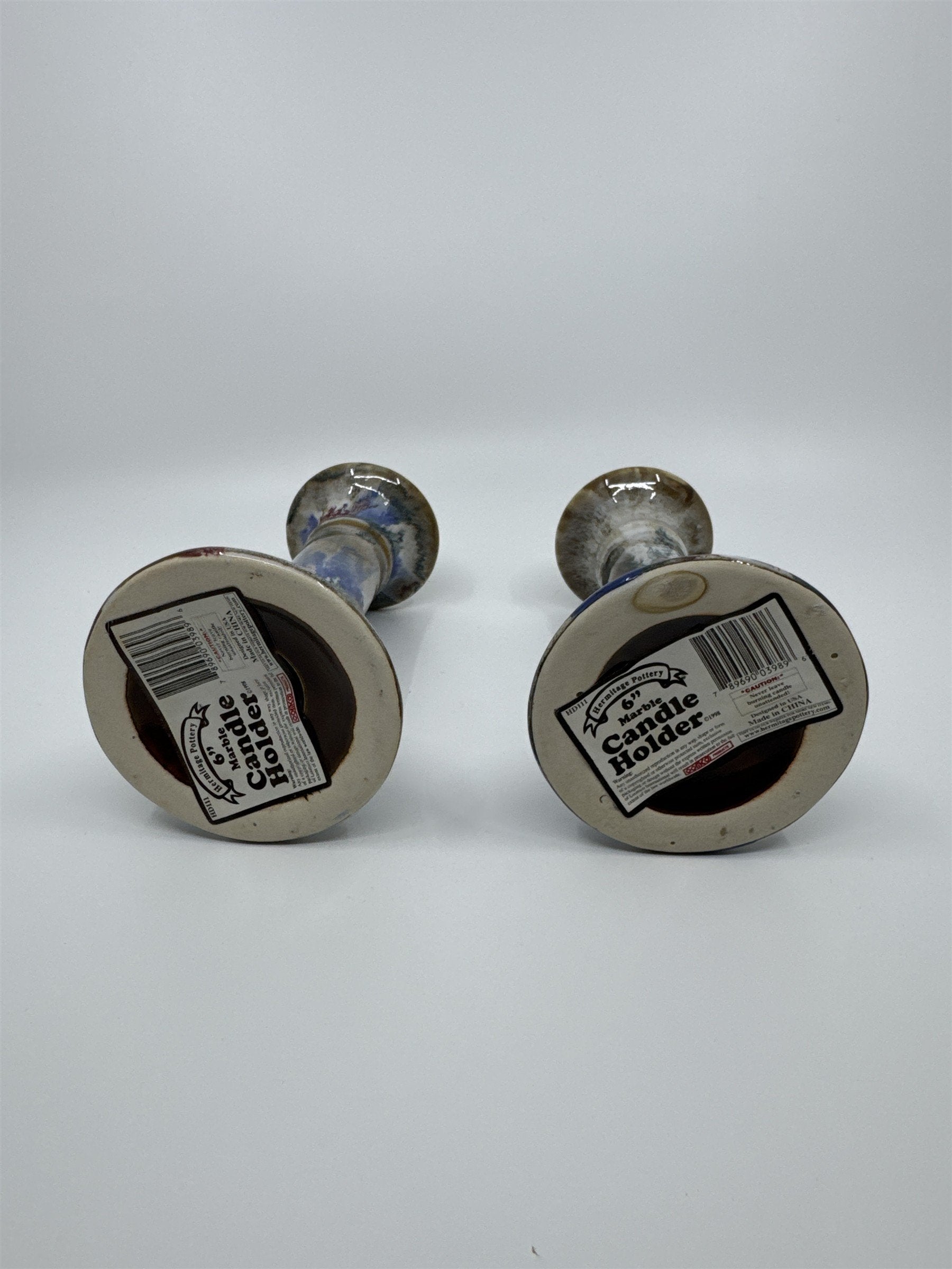Set of Two 6" Blue and Grey Marble Candlestick Holders from Hermitage Pottery