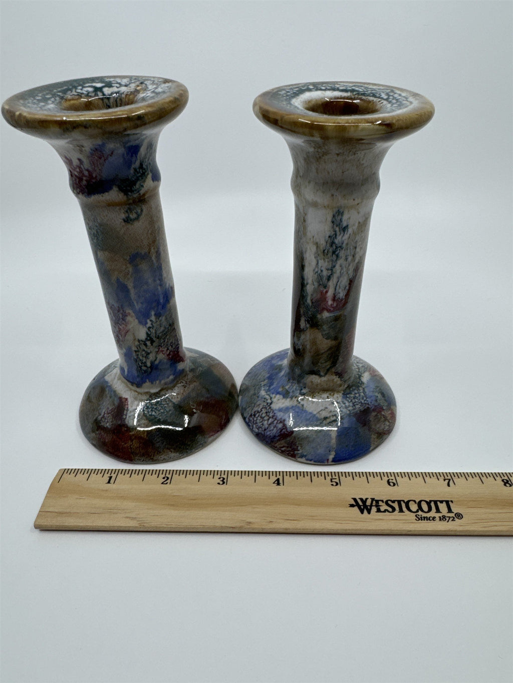 Set of Two 6" Blue and Grey Marble Candlestick Holders from Hermitage Pottery