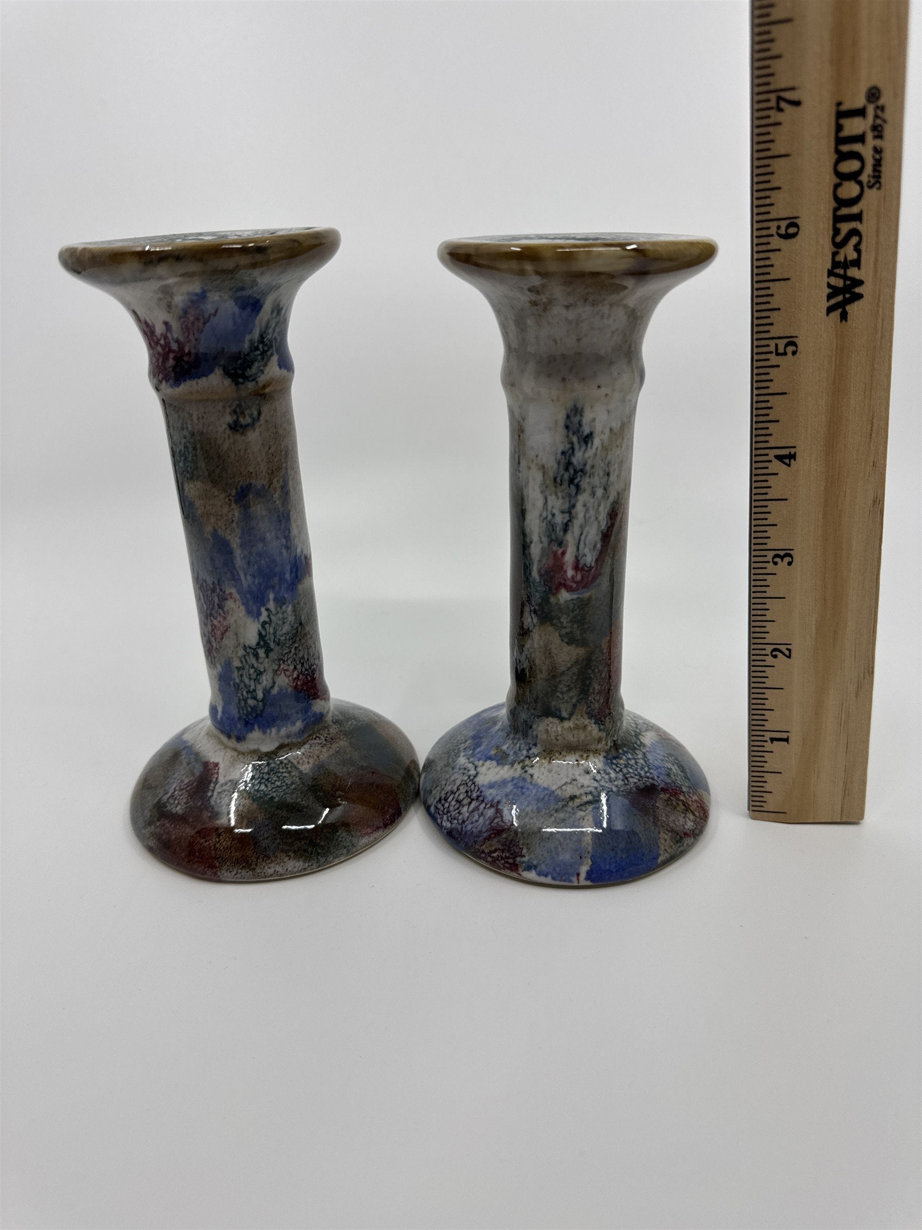 Set of Two 6" Blue and Grey Marble Candlestick Holders from Hermitage Pottery