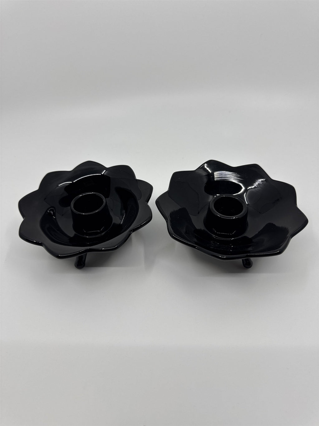 Set of Two Black Lotus Flower Footed Candlestick Holders Black Glass Gothic