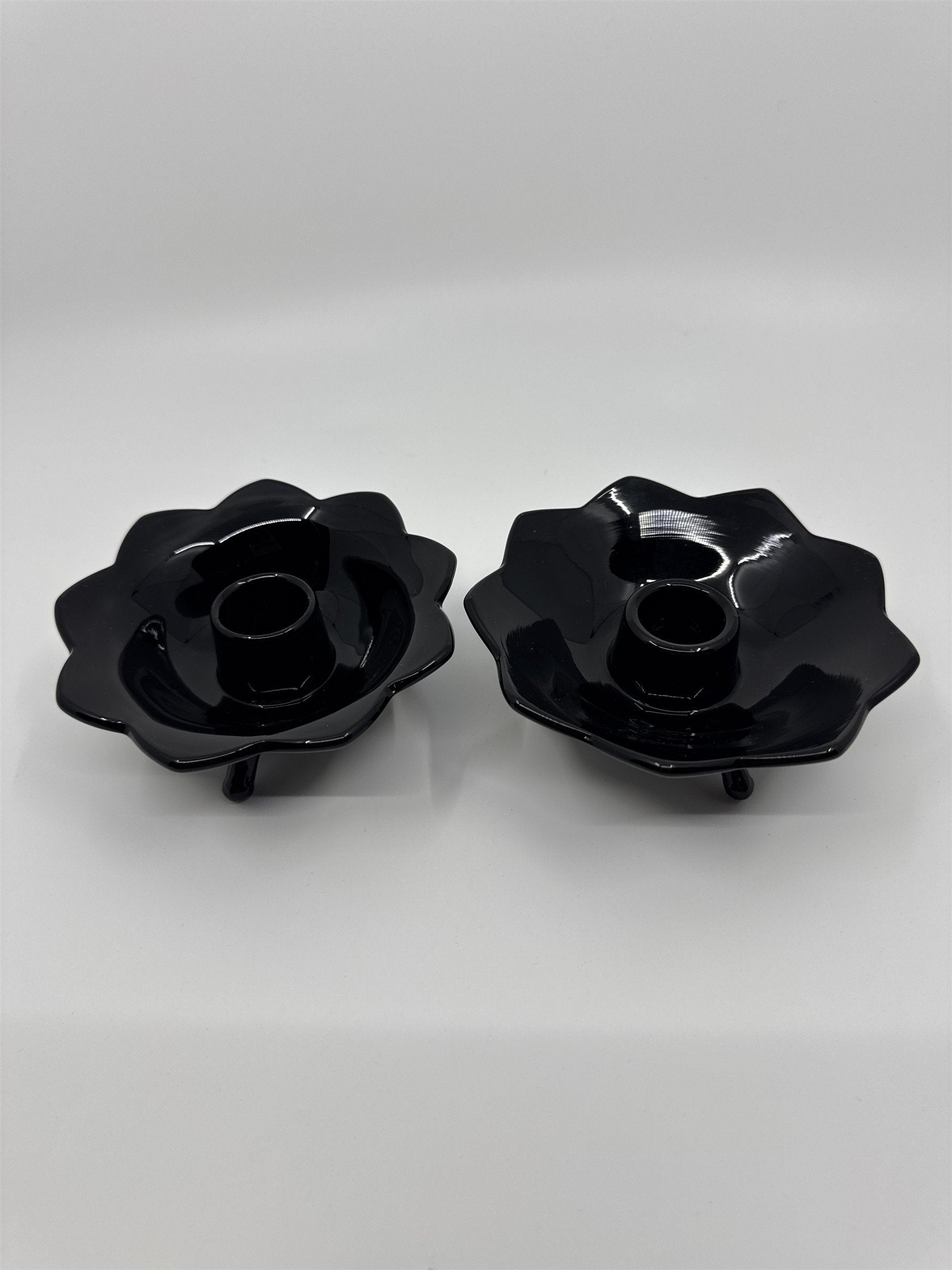 Set of Two Black Lotus Flower Footed Candlestick Holders Black Glass Gothic