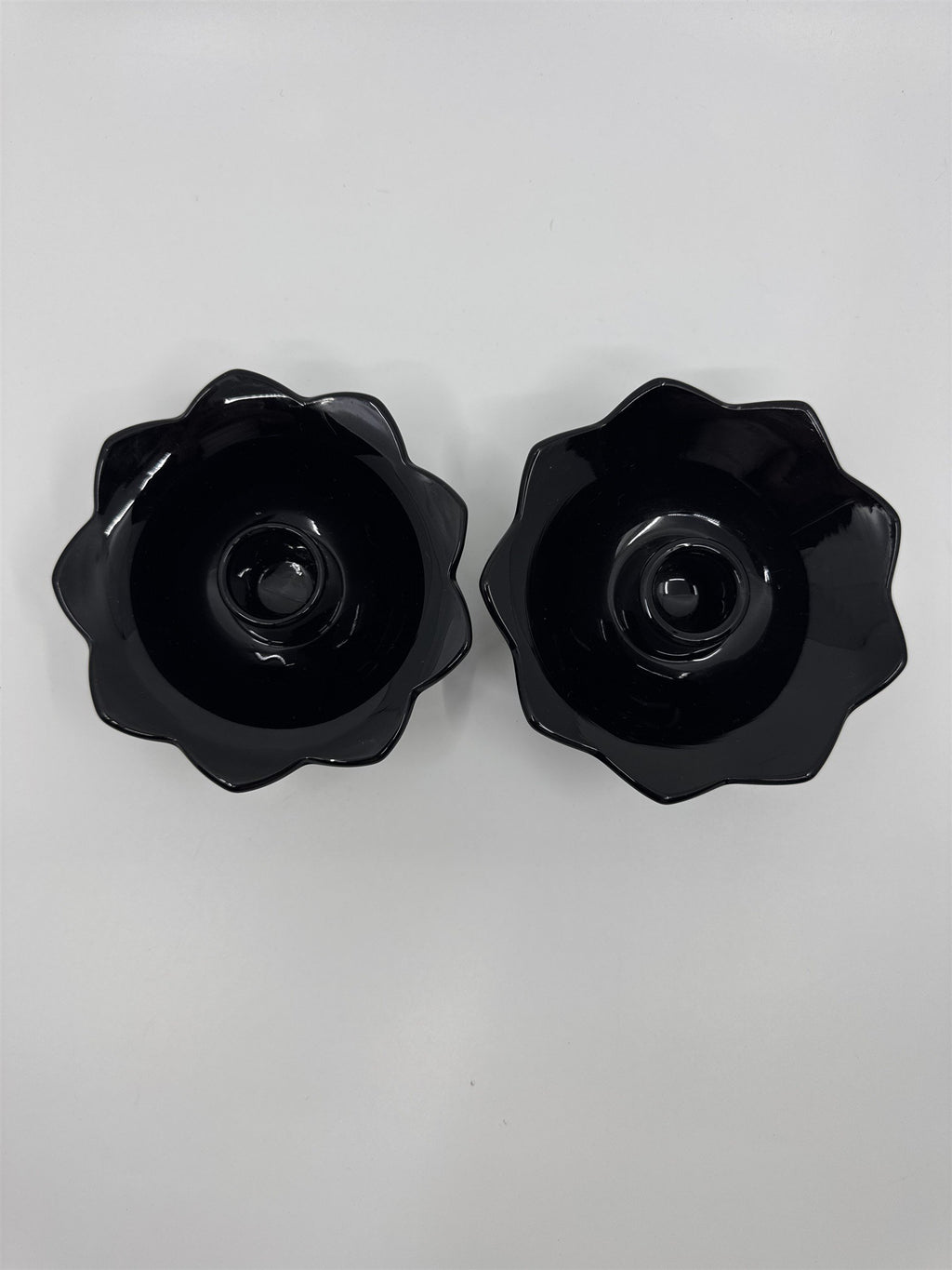 Set of Two Black Lotus Flower Footed Candlestick Holders Black Glass Gothic