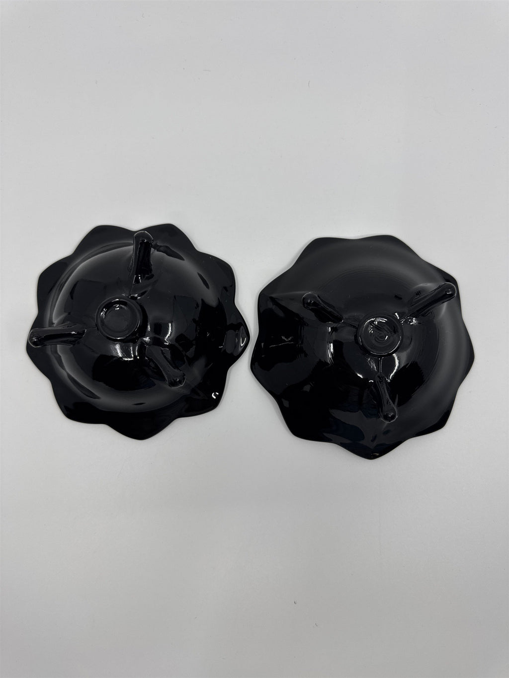Set of Two Black Lotus Flower Footed Candlestick Holders Black Glass Gothic
