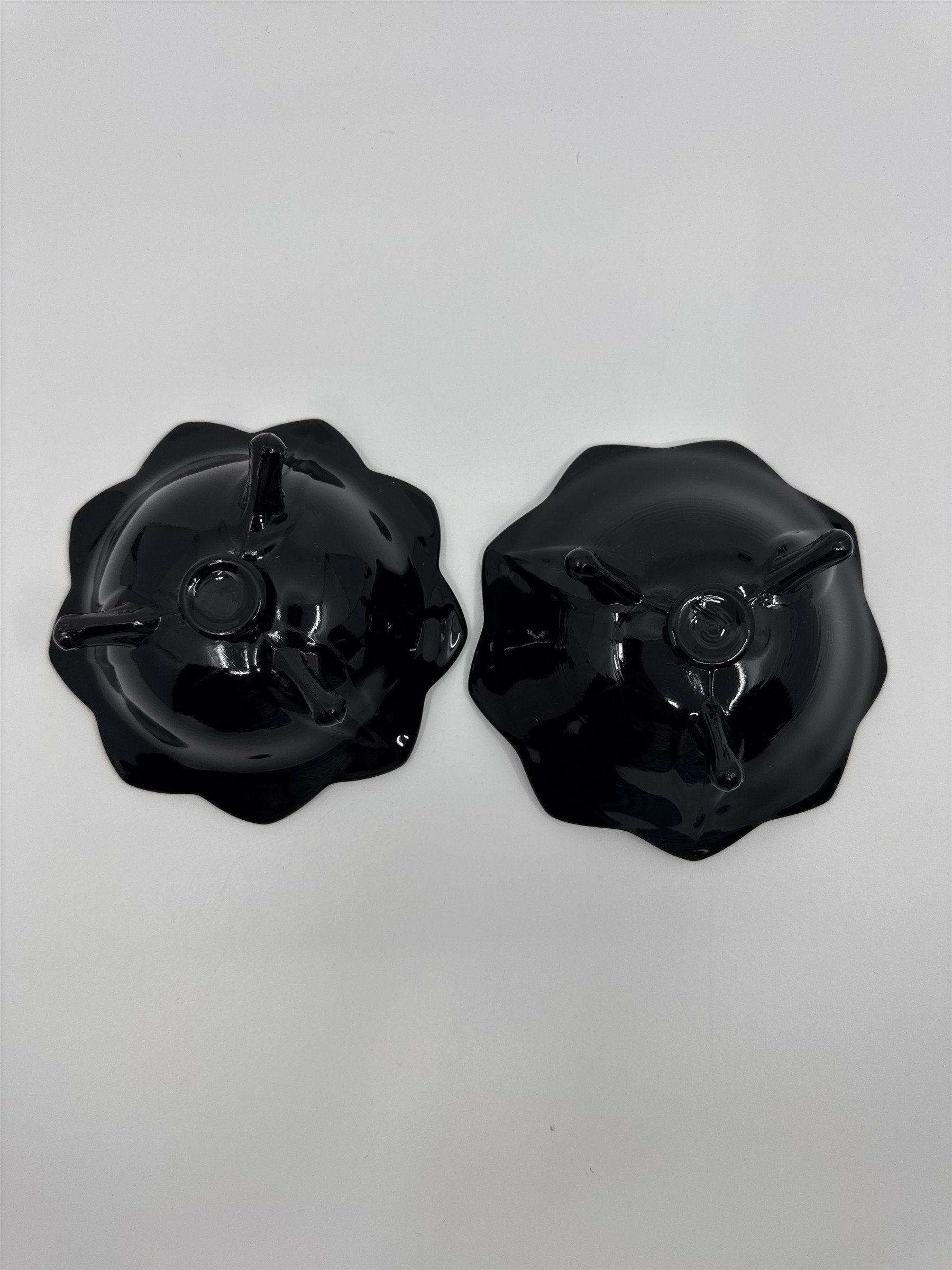 Set of Two Black Lotus Flower Footed Candlestick Holders Black Glass Gothic