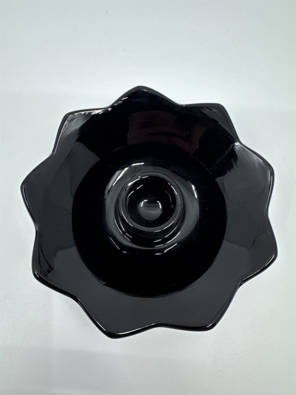 Set of Two Black Lotus Flower Footed Candlestick Holders Black Glass Gothic
