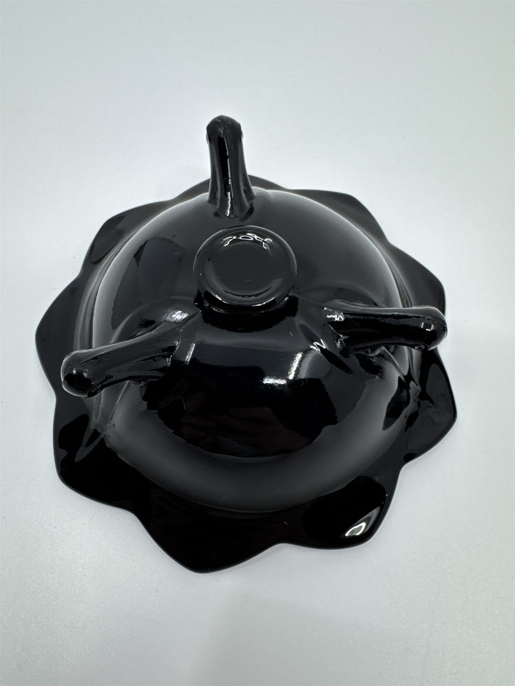 Set of Two Black Lotus Flower Footed Candlestick Holders Black Glass Gothic
