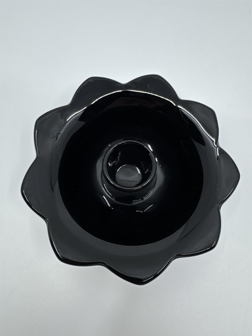 Set of Two Black Lotus Flower Footed Candlestick Holders Black Glass Gothic