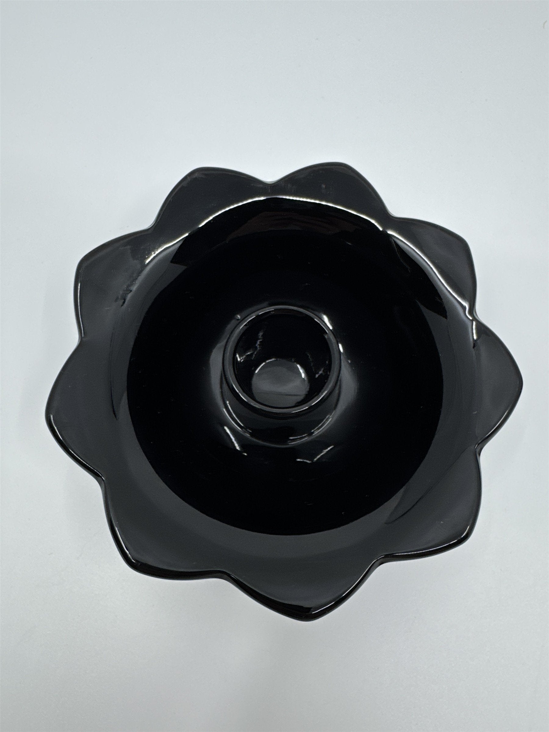 Set of Two Black Lotus Flower Footed Candlestick Holders Black Glass Gothic
