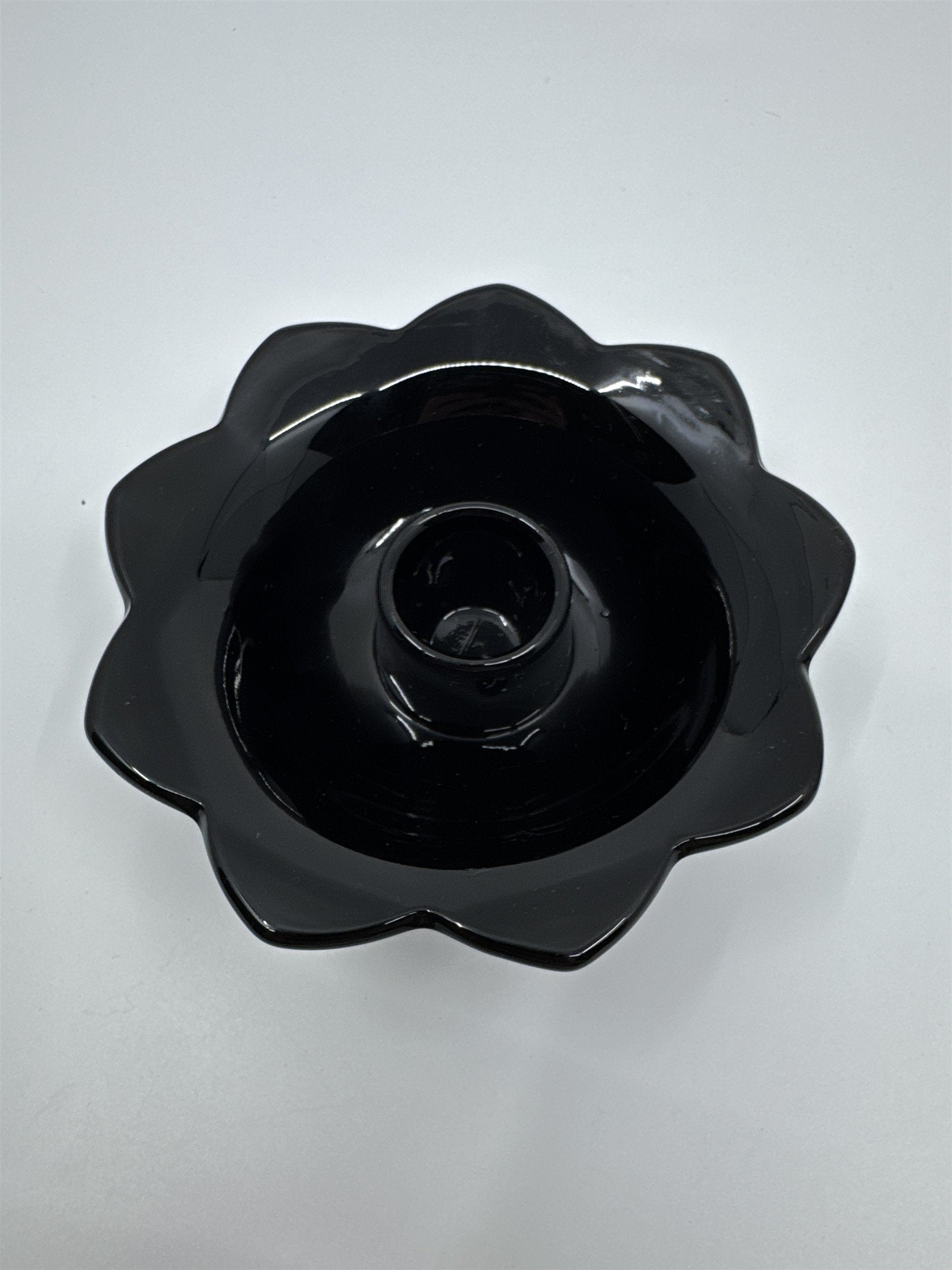 Set of Two Black Lotus Flower Footed Candlestick Holders Black Glass Gothic