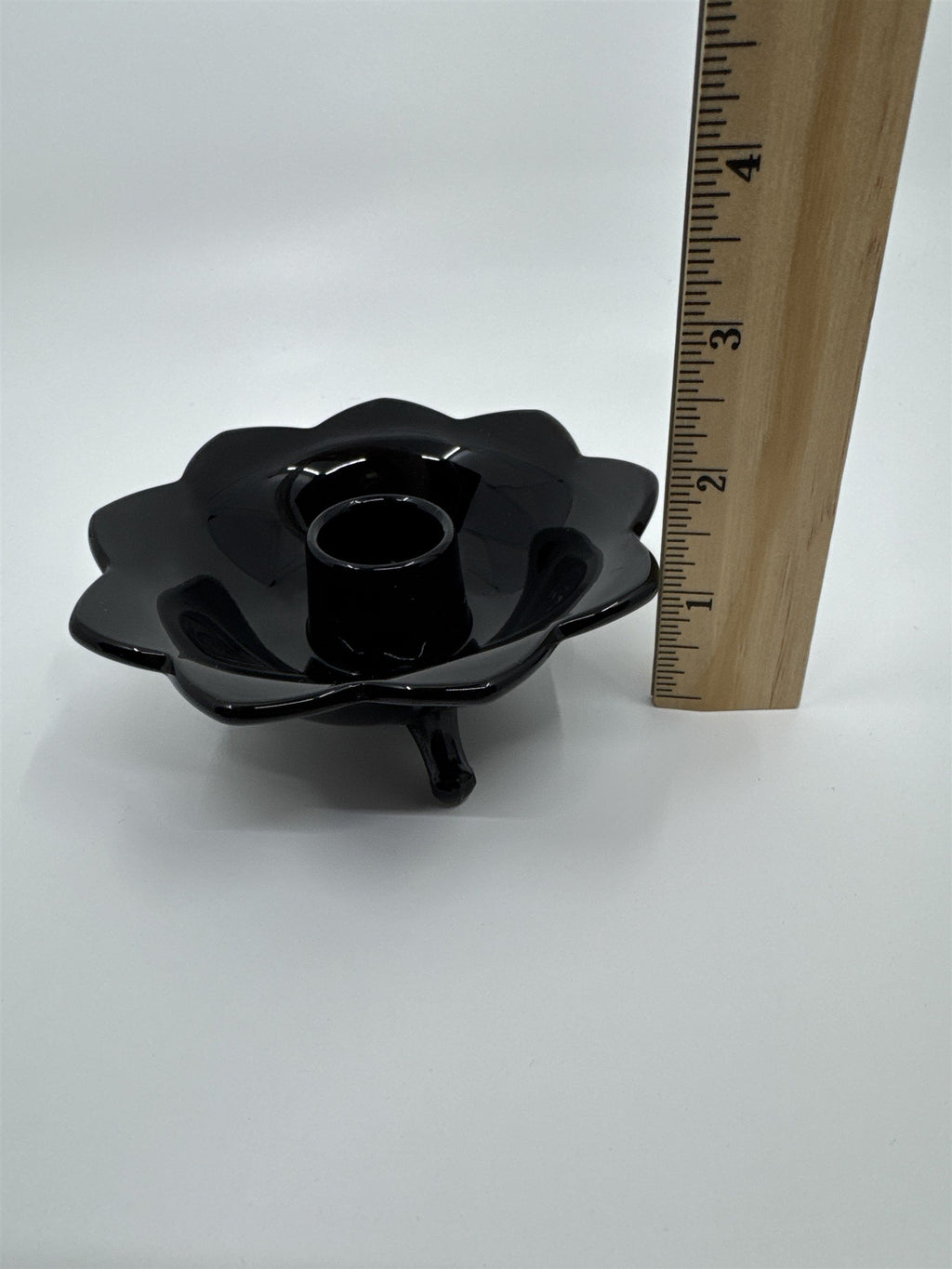 Set of Two Black Lotus Flower Footed Candlestick Holders Black Glass Gothic