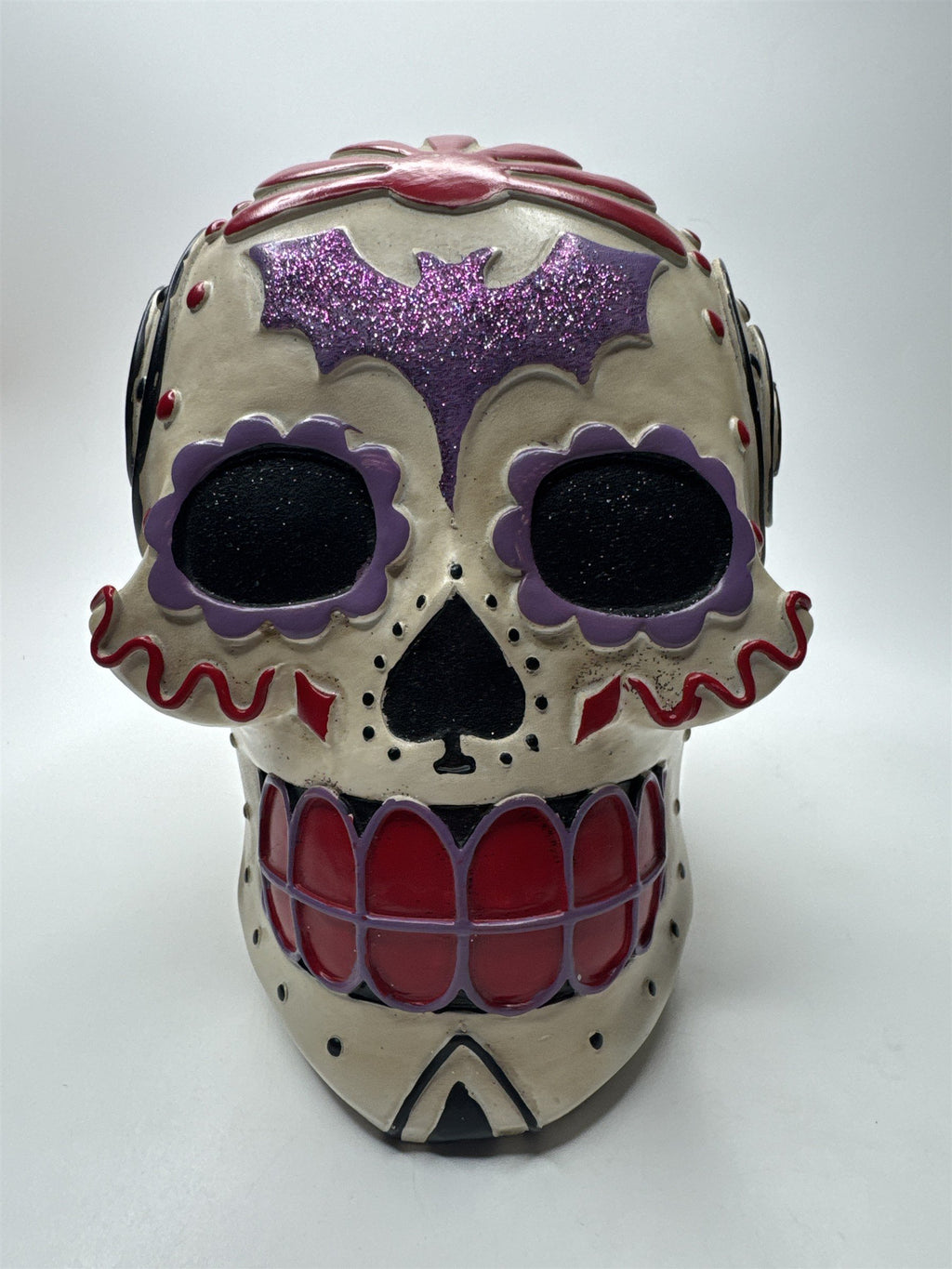 Day of The Dead/Halloween Sugar Skull with Purple Bat, Red and Black Designs