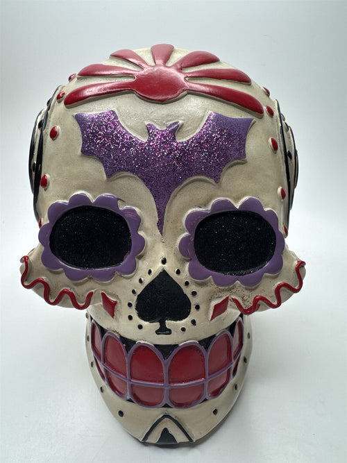 Day of The Dead/Halloween Sugar Skull with Purple Bat, Red and Black Designs