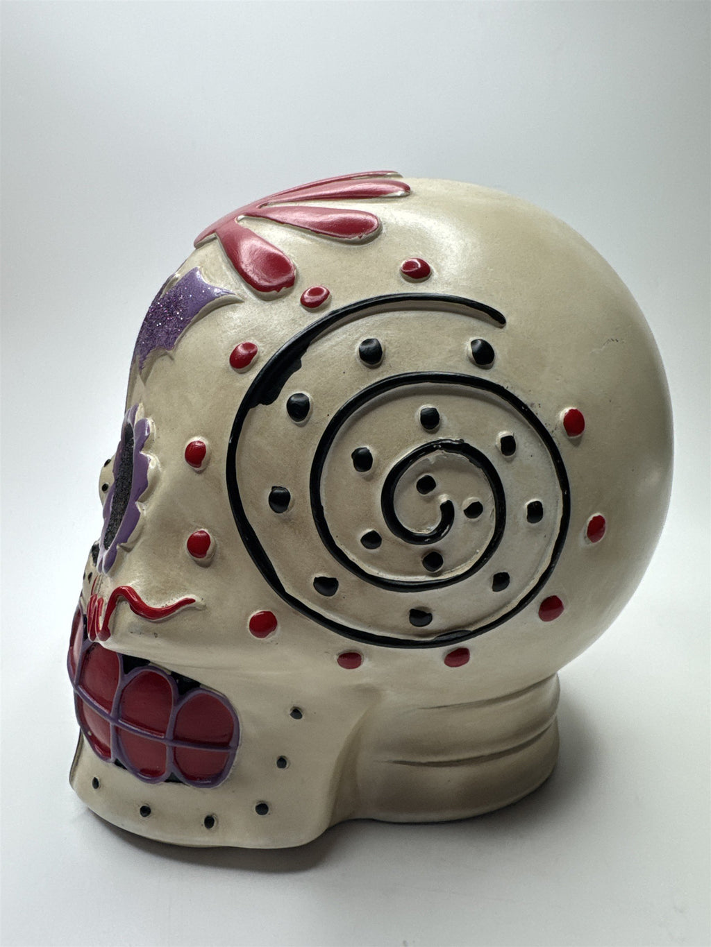 Day of The Dead/Halloween Sugar Skull with Purple Bat, Red and Black Designs
