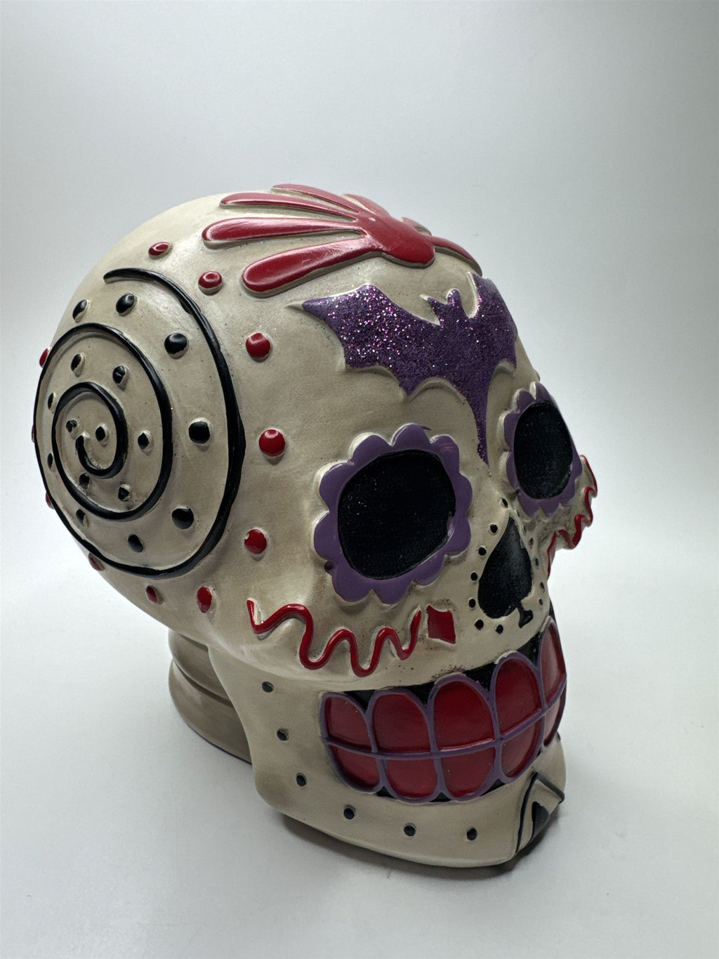 Day of The Dead/Halloween Sugar Skull with Purple Bat, Red and Black Designs