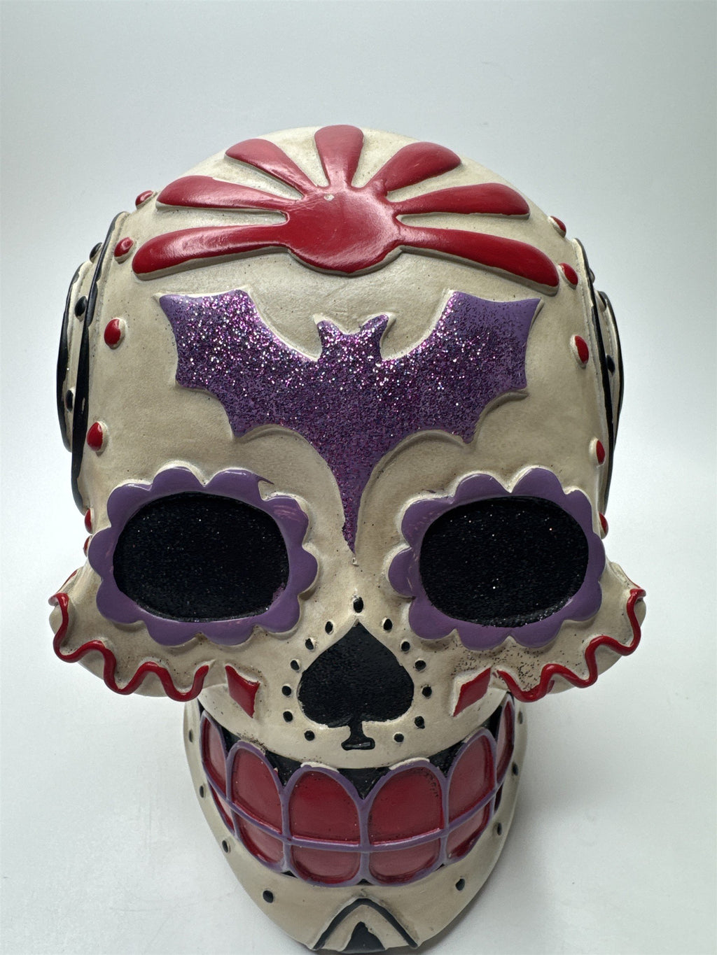 Day of The Dead/Halloween Sugar Skull with Purple Bat, Red and Black Designs