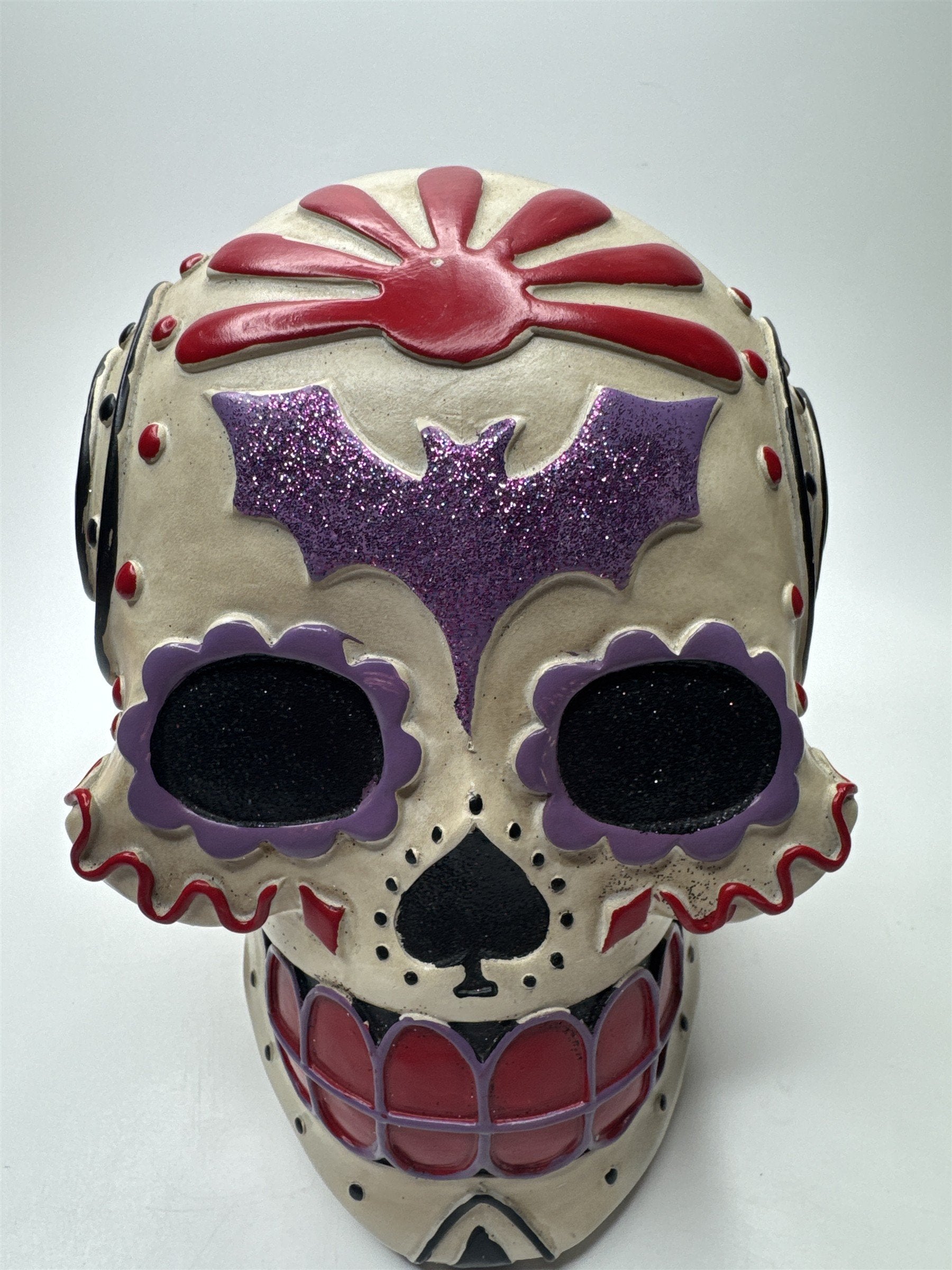 Day of The Dead/Halloween Sugar Skull with Purple Bat, Red and Black Designs