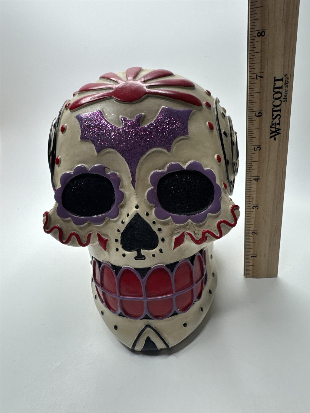 Day of The Dead/Halloween Sugar Skull with Purple Bat, Red and Black Designs