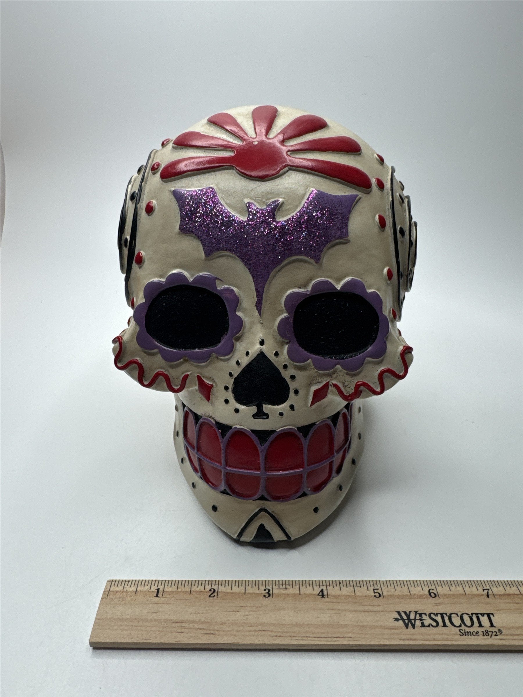 Day of The Dead/Halloween Sugar Skull with Purple Bat, Red and Black Designs