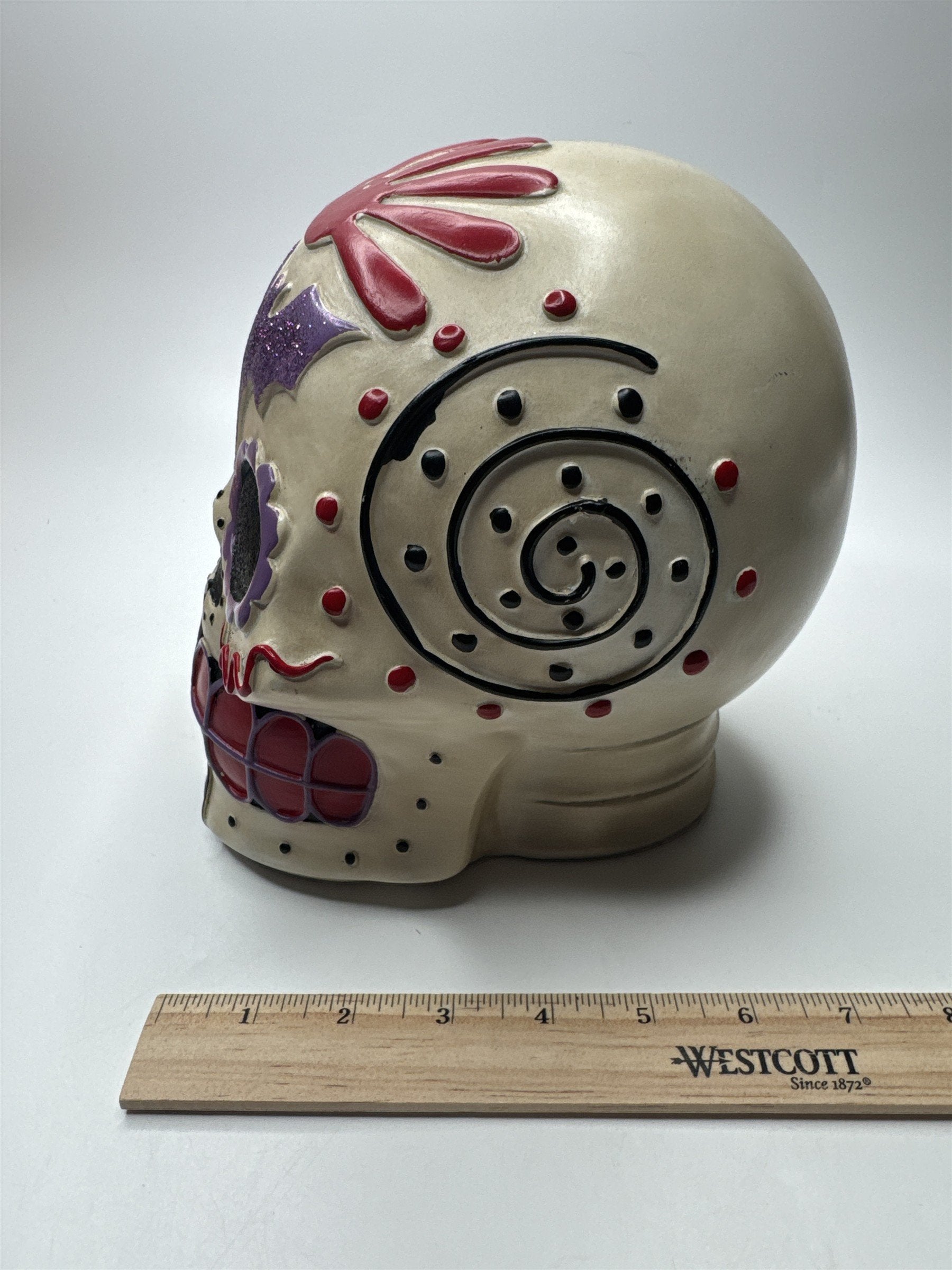 Day of The Dead/Halloween Sugar Skull with Purple Bat, Red and Black Designs