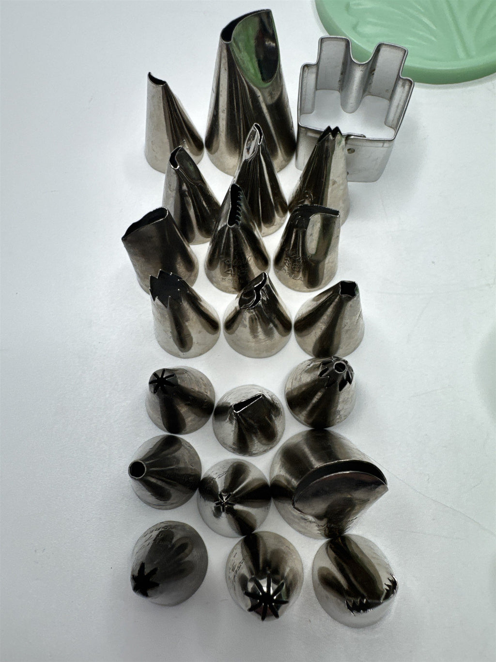 Lot of 46 Milton Small Piping Tips and Small Cookie Cutters Mint Green Color