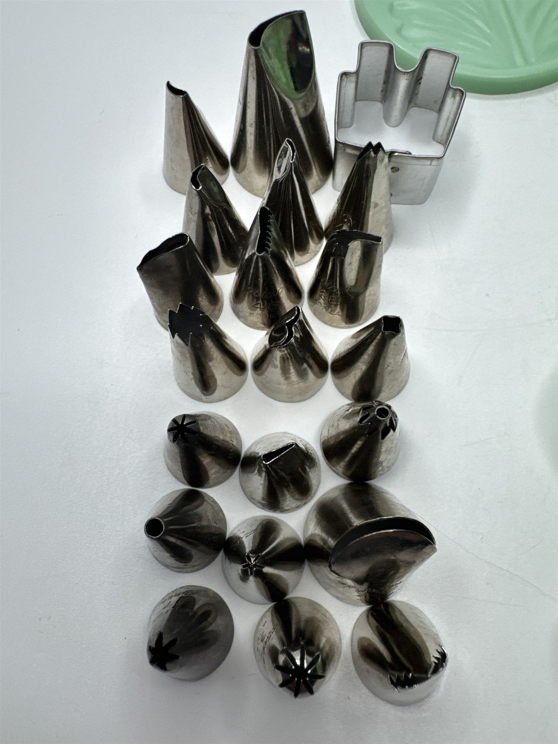 Lot of 46 Milton Small Piping Tips and Small Cookie Cutters Mint Green Color